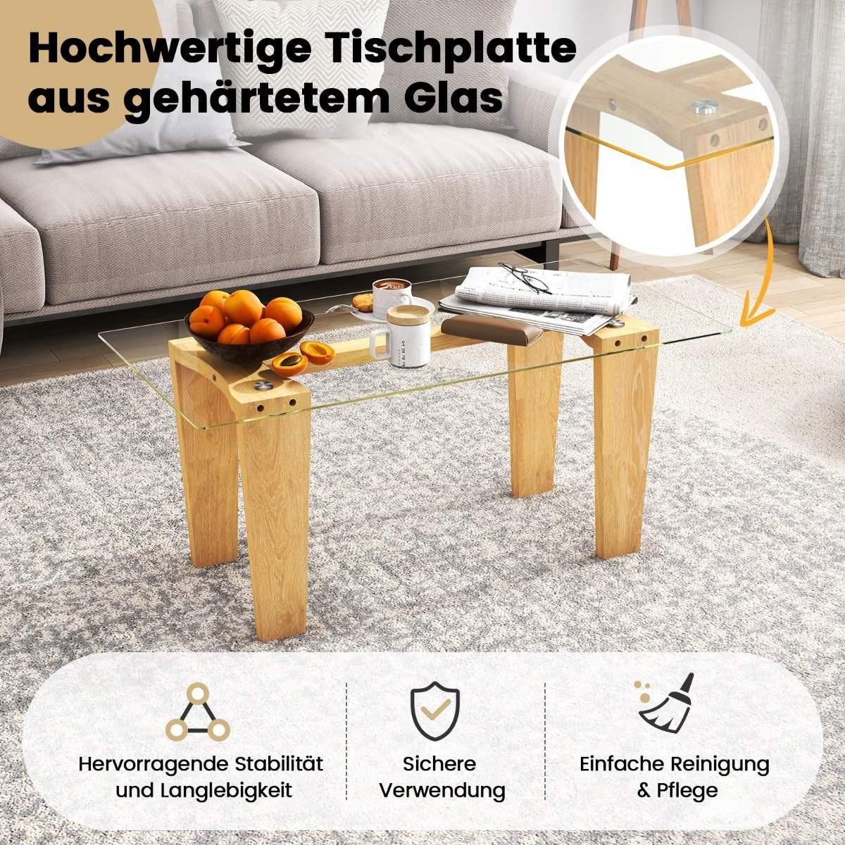 Northix Glas Couchtisch mit Gummiholzbeinen Rechteckiger Beistelltisch Glastisch Kaffeetisch