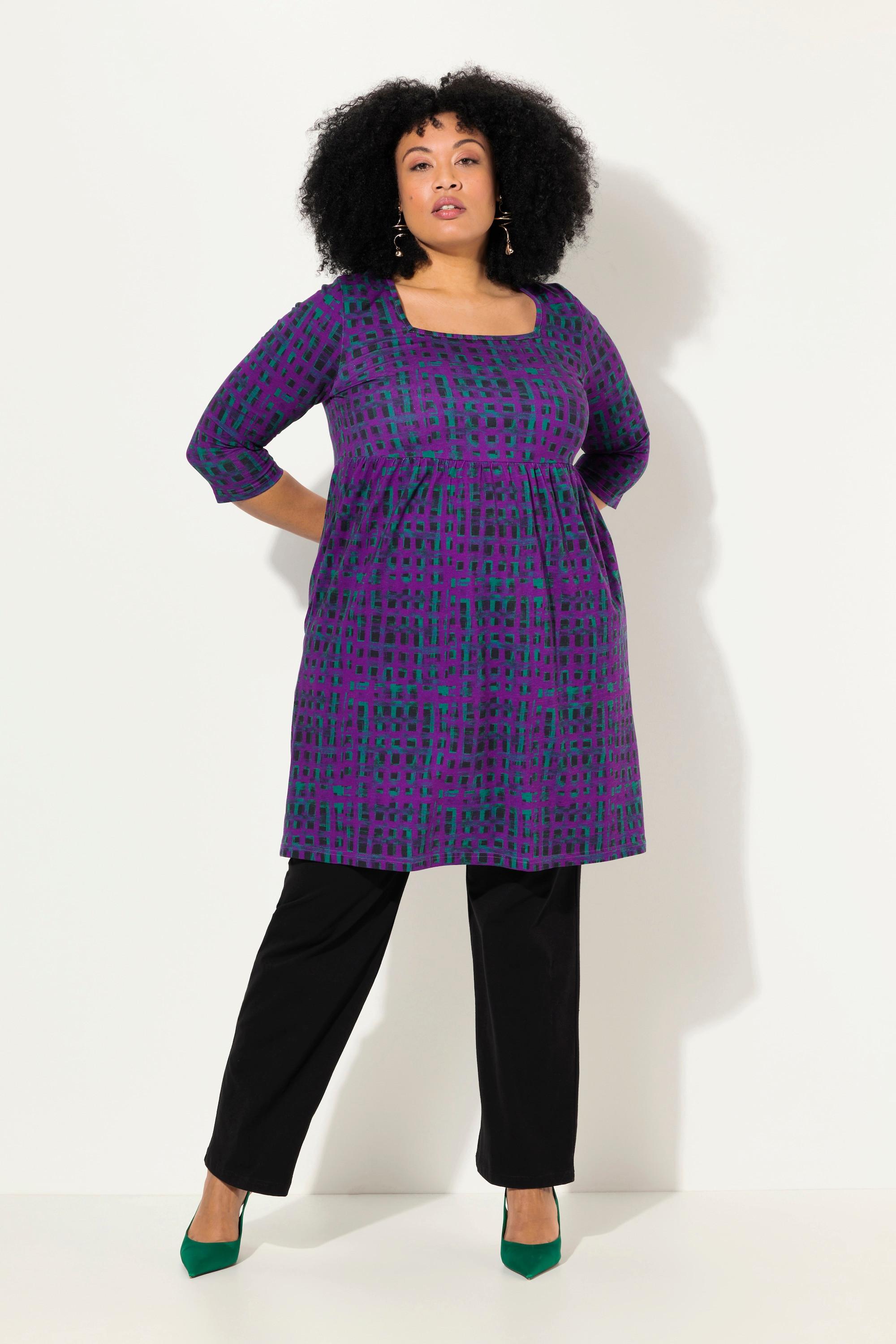 Ulla Popken Longshirt Karo A-Linie Carree-Ausschnitt 3/4-Arm