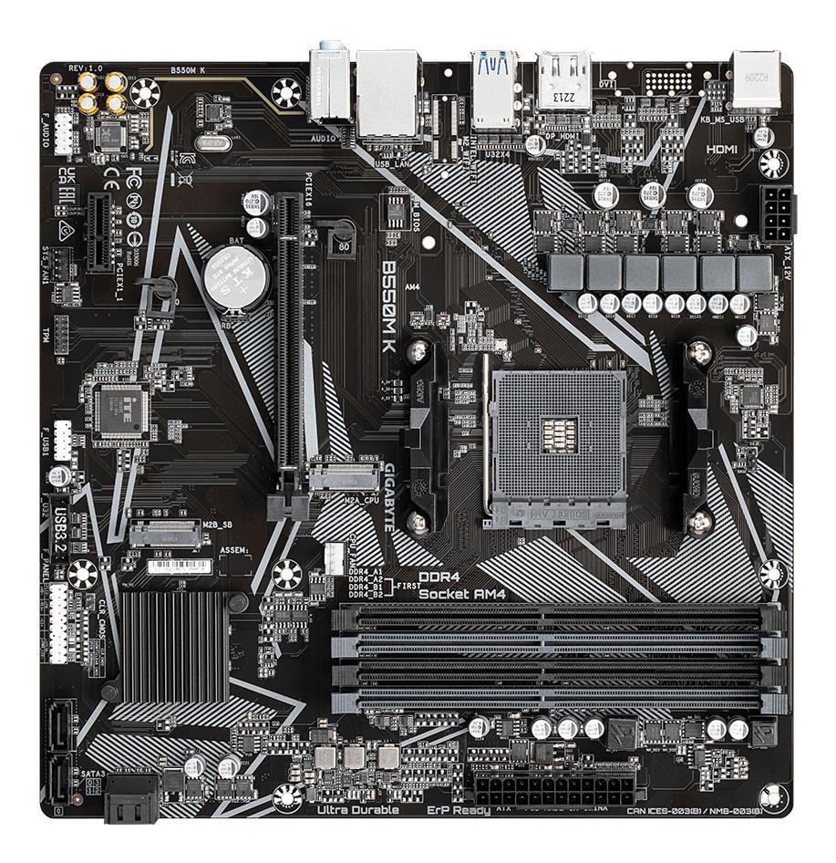 Gigabyte B550M K Mainboard – AMD Ryzen 5000 CPUs, bis zu 4733 MHz DDR4, 1xPCIe 4.0 + 1xPCIe 3.0 M.2, 1GbE LAN, USB 3.2 Gen 1