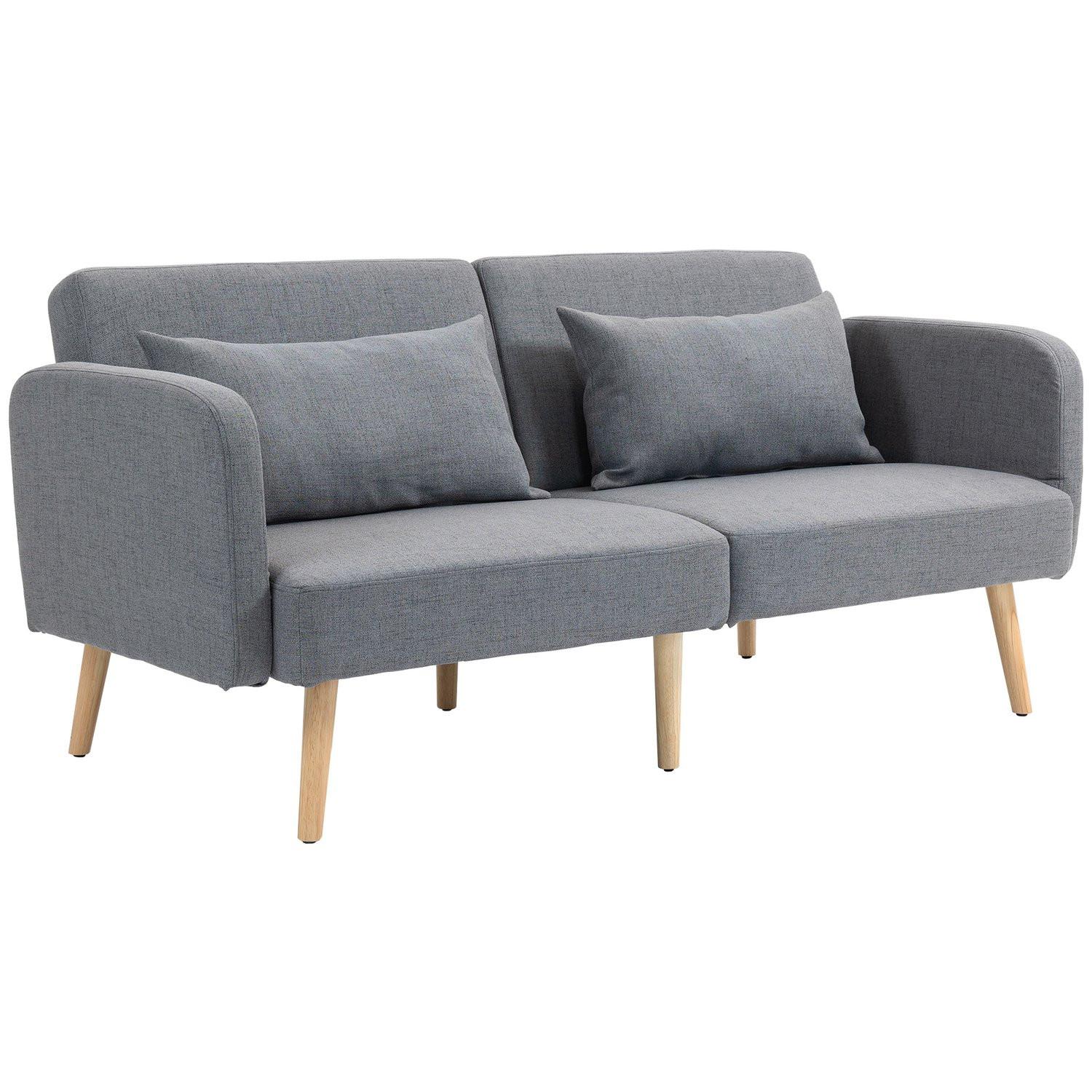 Northio 3er Sofa mit Schlaffunktion, 170x83x80cm, mit 3-stufig verstellbarer Rückenlehne und Füße, Wellenfedern, Wurfkissen, Leinenoptik, Grau