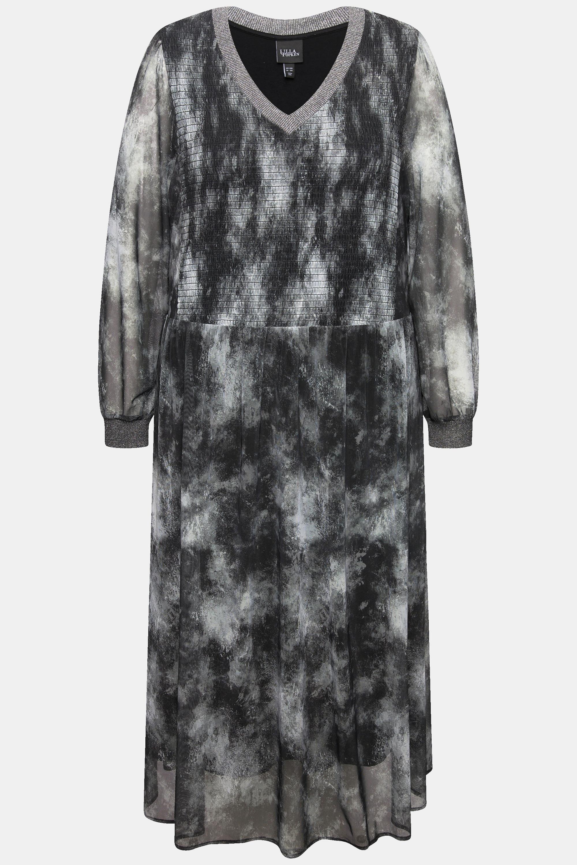 Ulla Popken Smok Midikleid Batikmuster V-Ausschnitt Langarm
