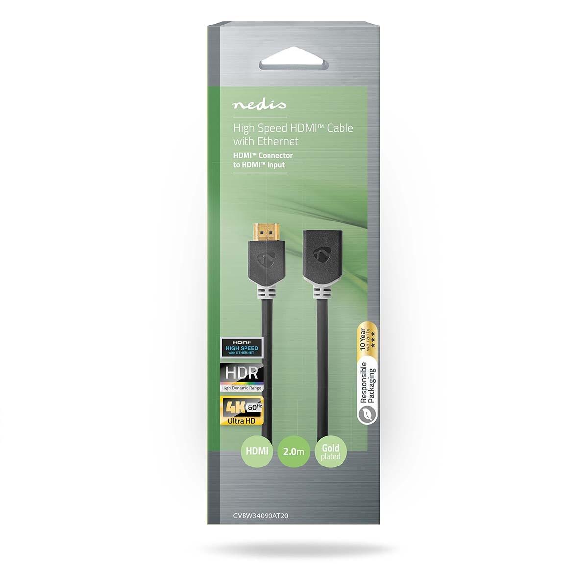 Nedis High Speed HDMI™ Kabel mit Ethernet | HDMI™ Kontakt | HDMI™ Hona | 4K@60Hz | ARC | 18 Gbps | 2,00 m | Rund | PVC | Antracit | Låda