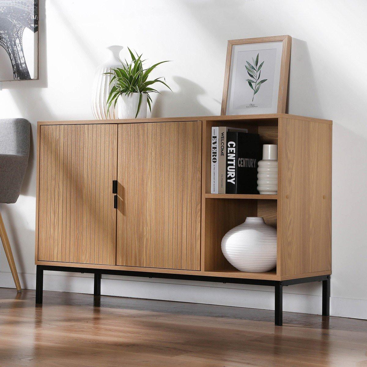 Calicosy Buffet mit 2 Türen und 2 offenen Fächern in Holzrillenoptik L110 cm - TARA