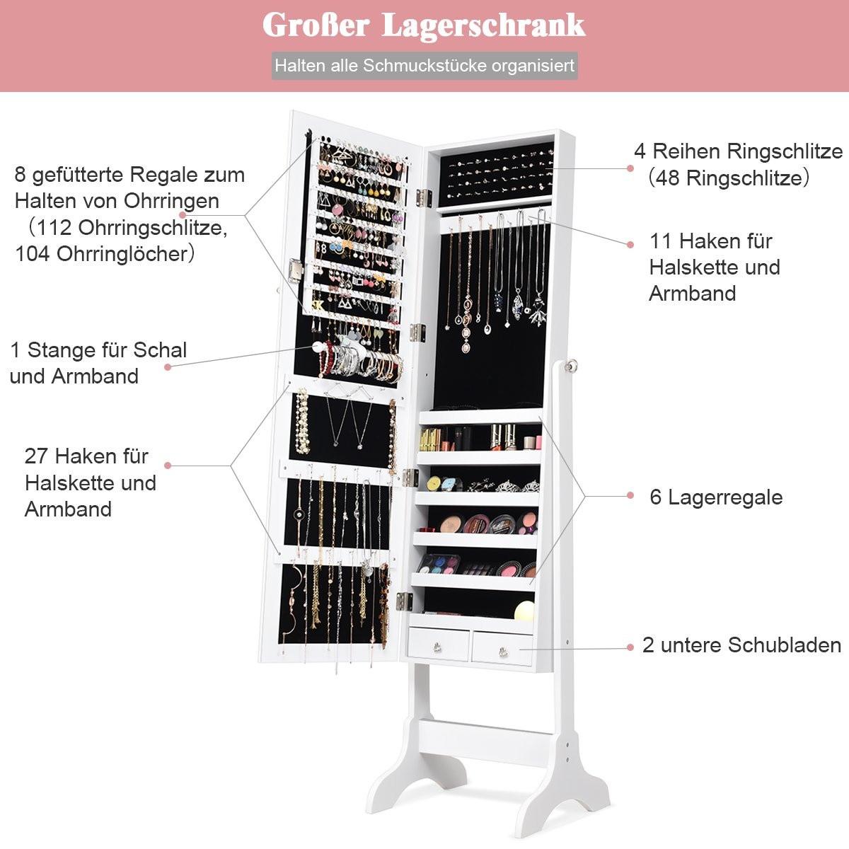 B2X Schmuckschrank Abschließbar chmuck Spiegelschrank mit Spiegel Weiß