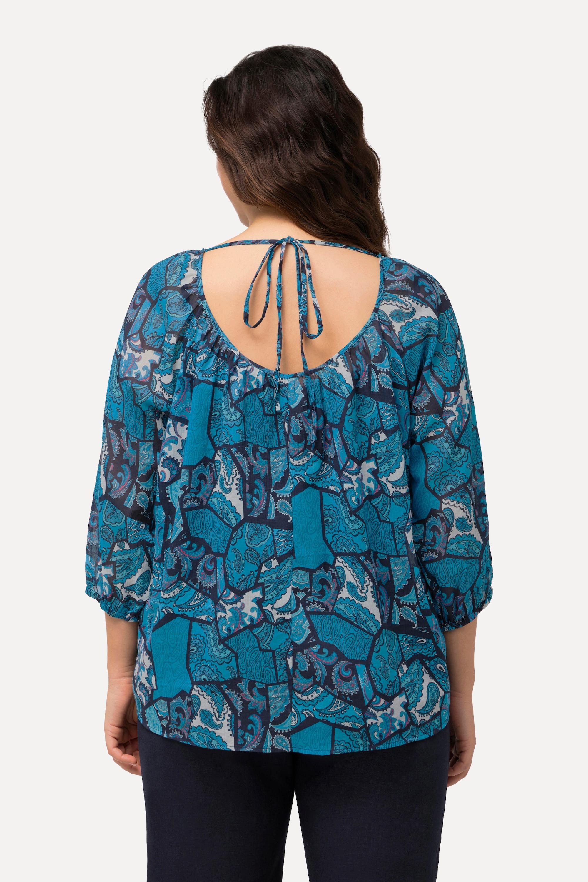 Ulla Popken Bluse Floraler Druck Rundhals Rücken Bindeband