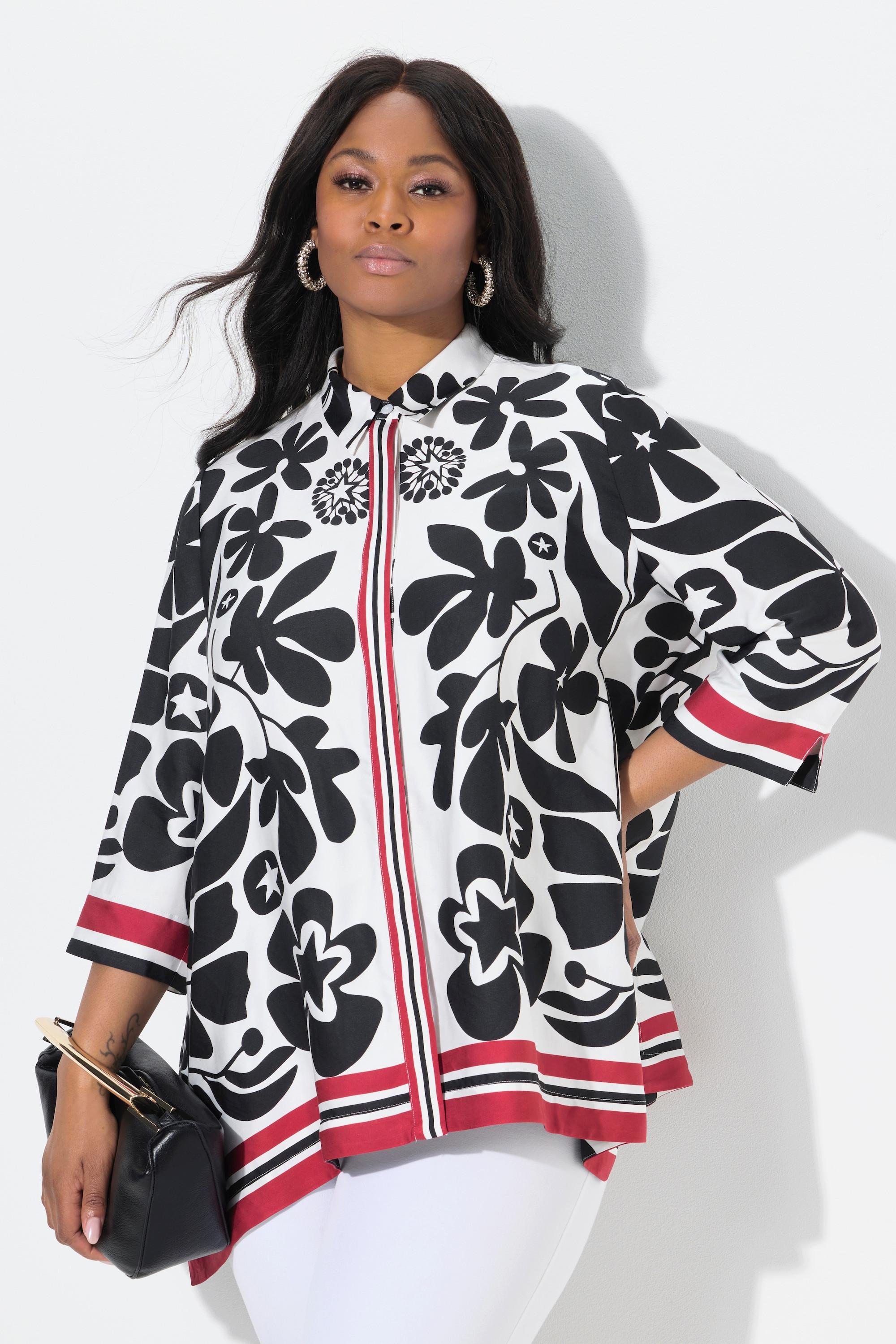 Ulla Popken Satinbluse, Blüten-Design, Zipfelsaum, 3/4-Arm