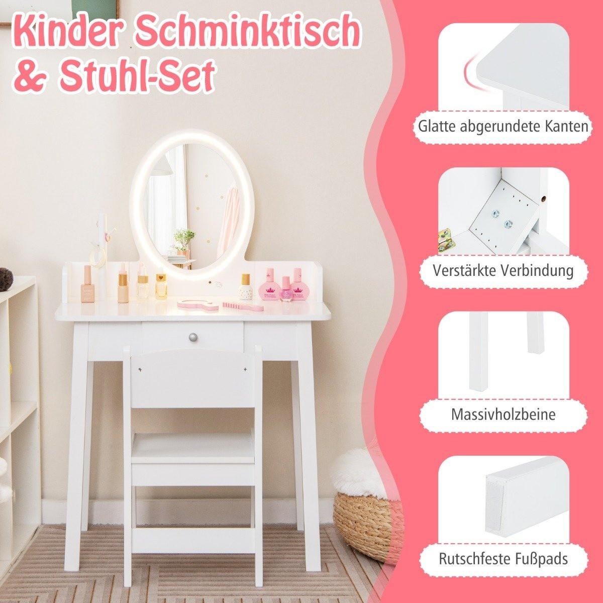 Northix Schminktisch für Kinder mit beleuchtetem Spiegel Make-up-Tisch mit Stuhl Weiß