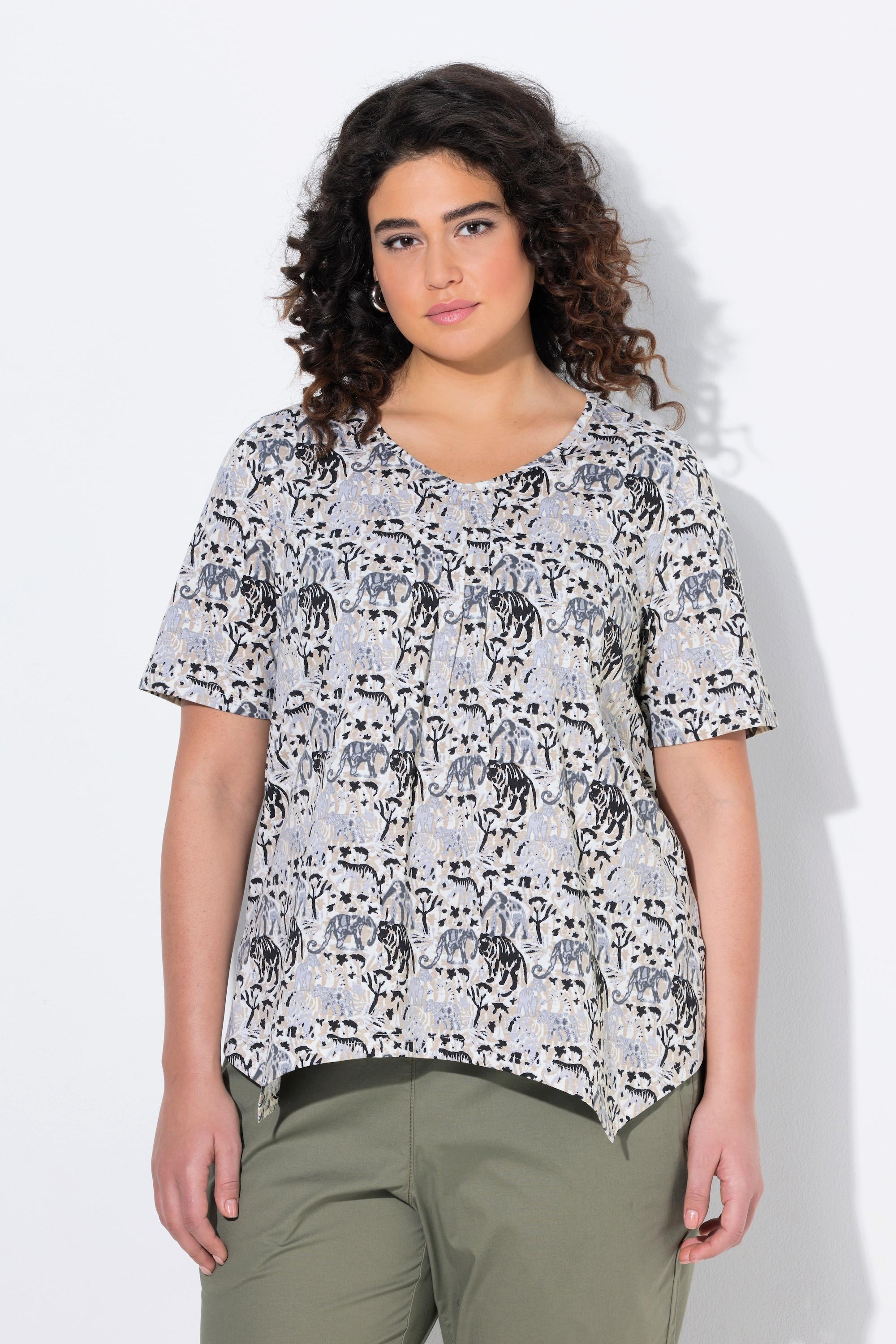 Ulla Popken Tierdruck A-Linie Zipfelsaum V-Ausschnitt Halbarm T-Shirt