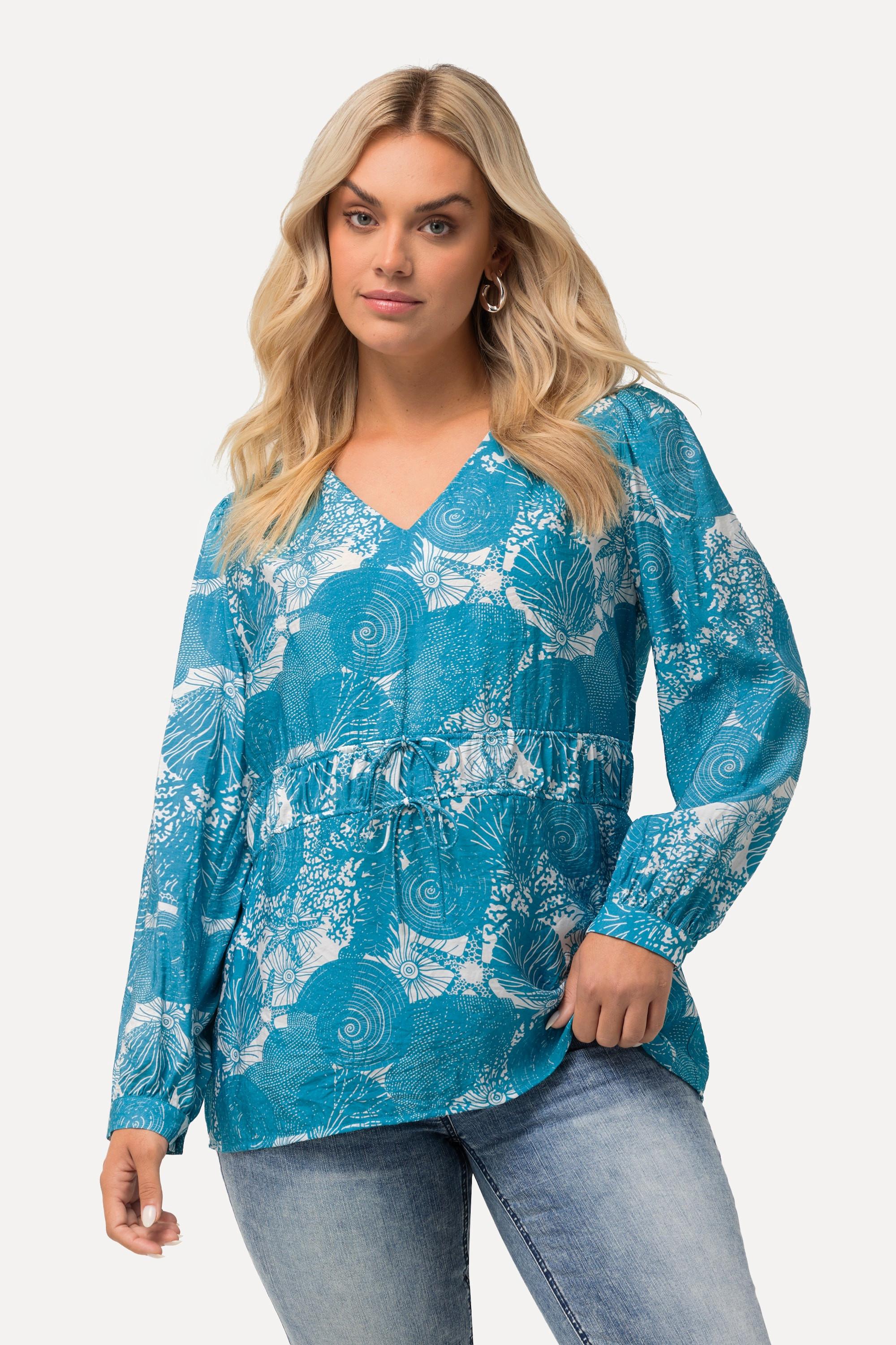 Ulla Popken Bluse maritimer Druck V-Ausschnitt Langarm