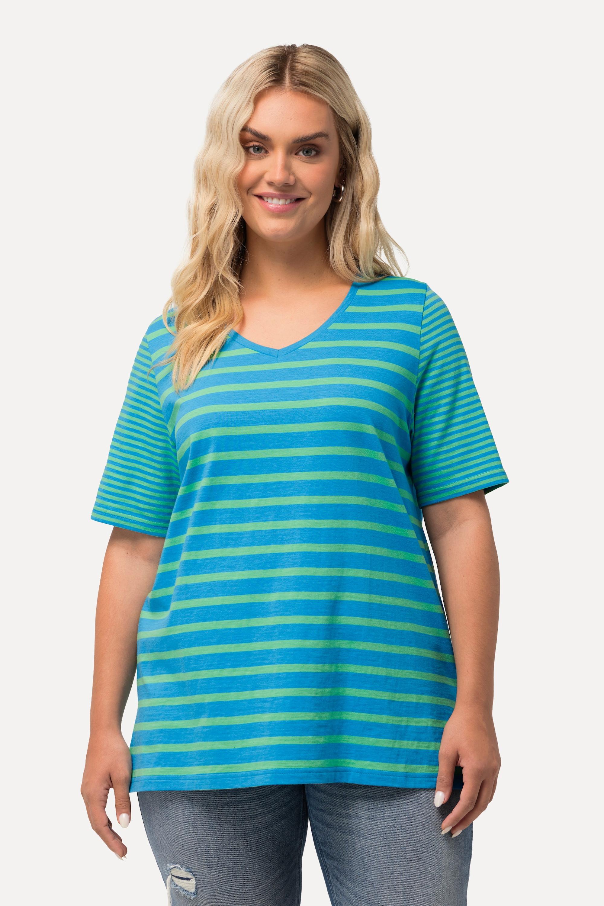 Ulla Popken Ringelmix A-Linie V-Ausschnitt Halbarm Shirt