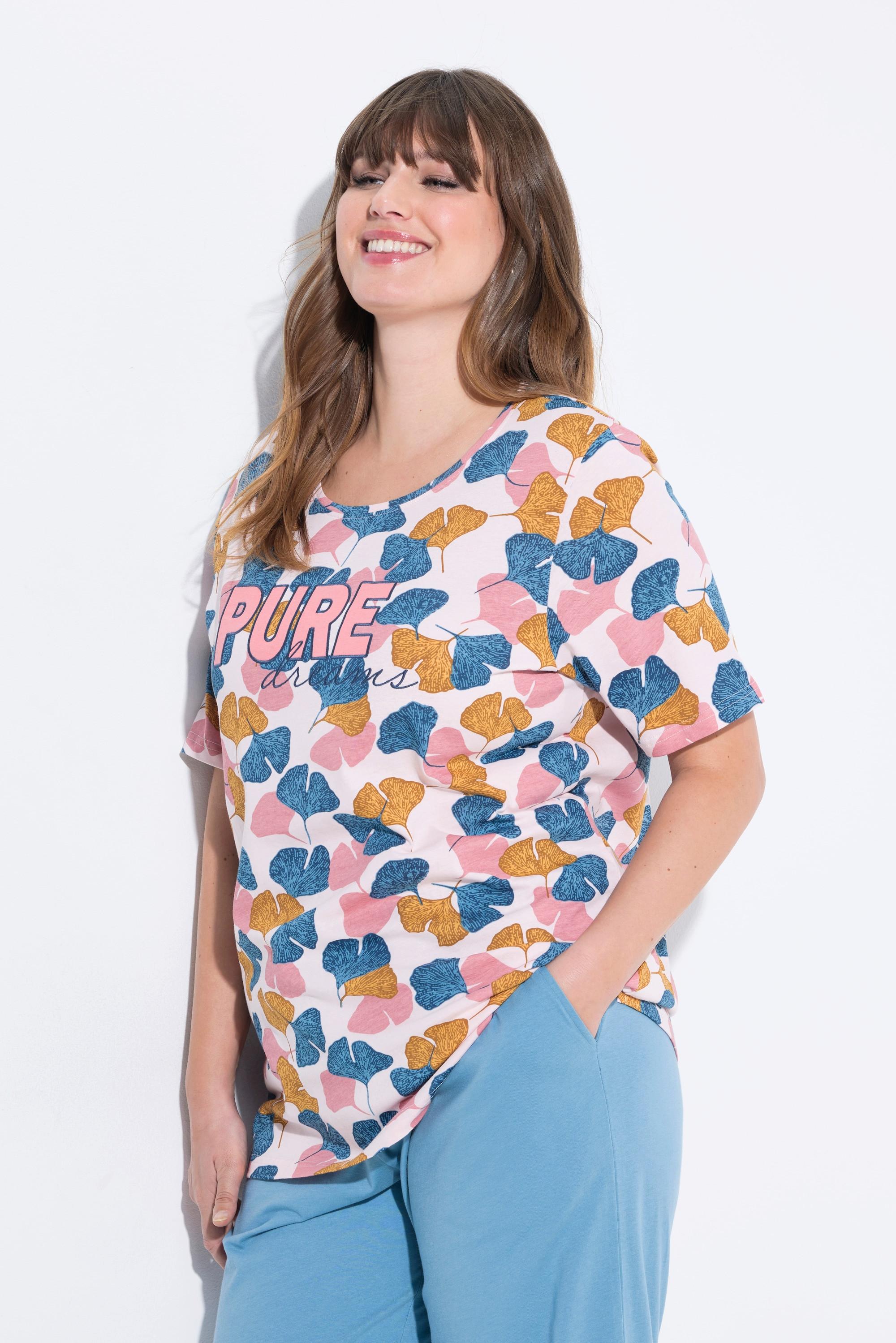 Ulla Popken Pyjamashirt, Gingko, Rundhals, Halbarm