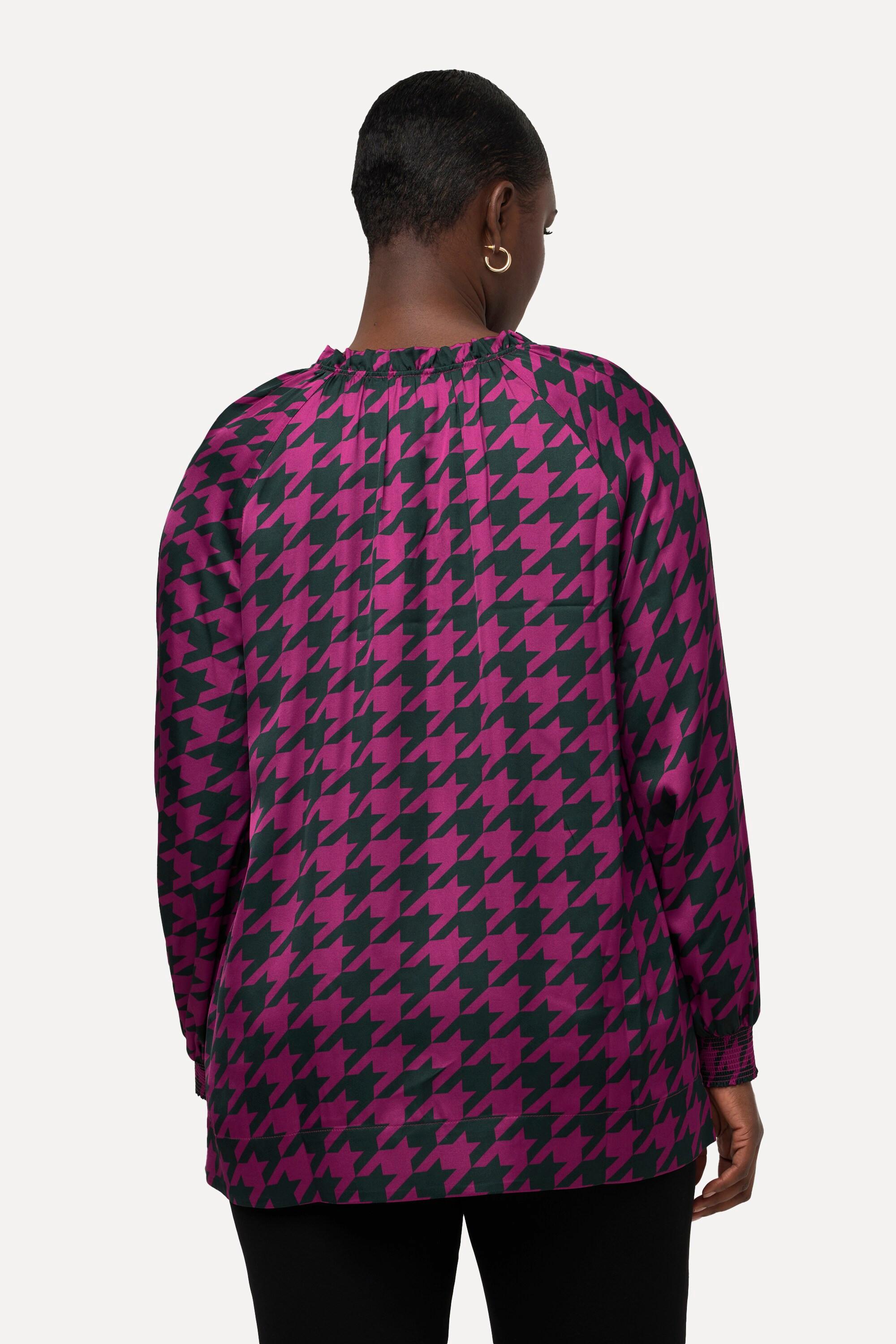 Ulla Popken Satin Hahnentritt Boxy Langarm Bluse