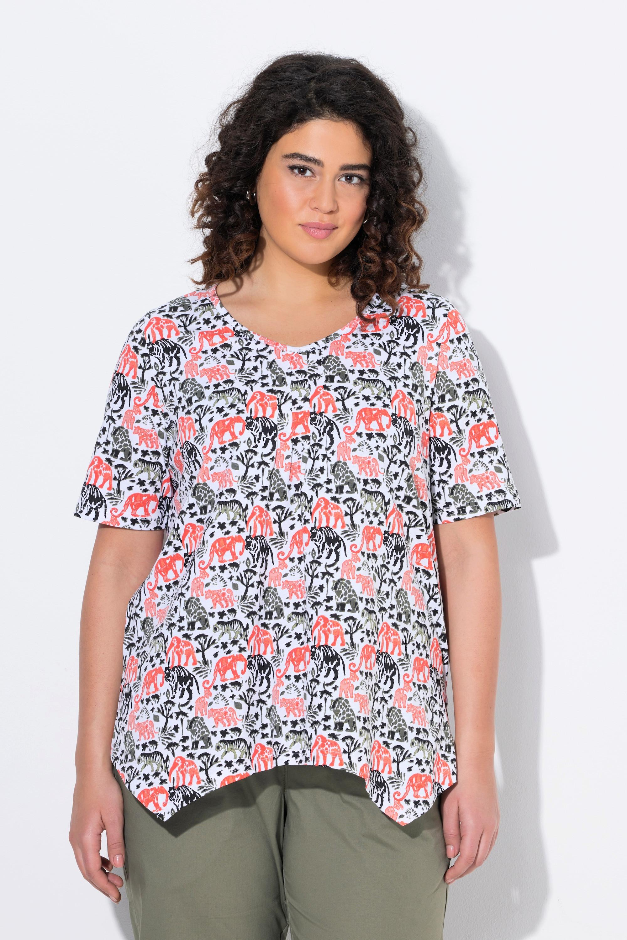 Ulla Popken Tierdruck A-Linie Zipfelsaum V-Ausschnitt Halbarm T-Shirt