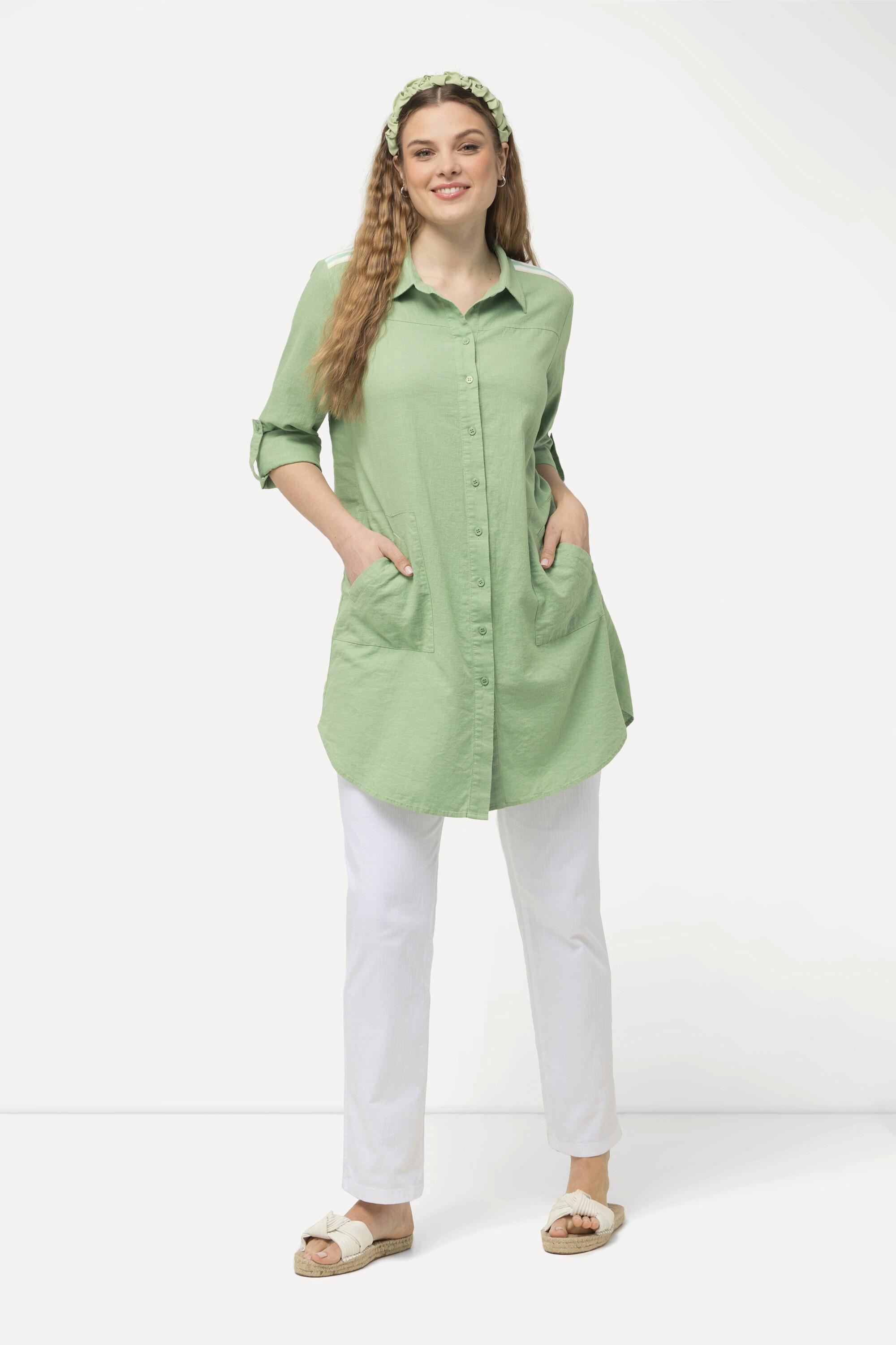 Ulla Popken Longbluse Leinenmix Streifenband Hemdkragen Langarm