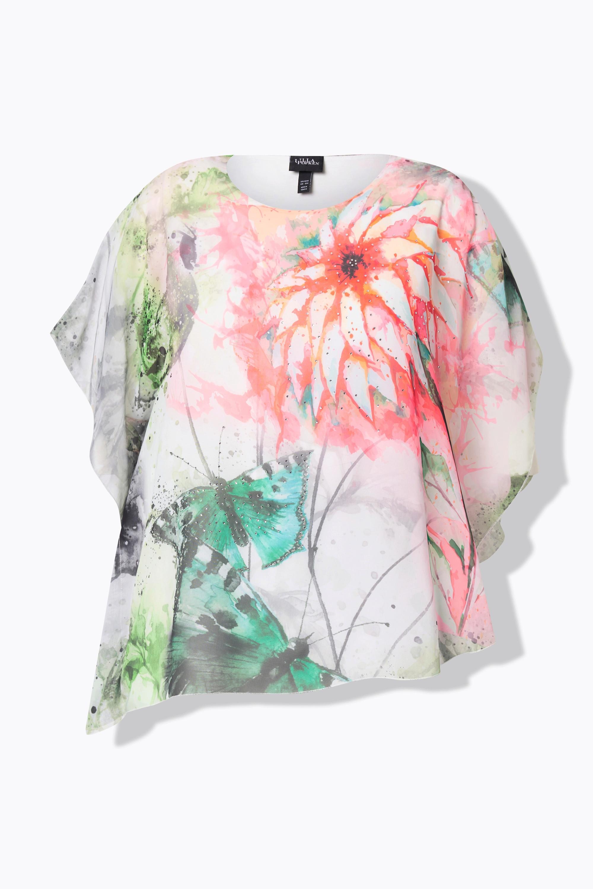 Ulla Popken Bluse, Blüten, doppellagig, Rundhals, Halbarm