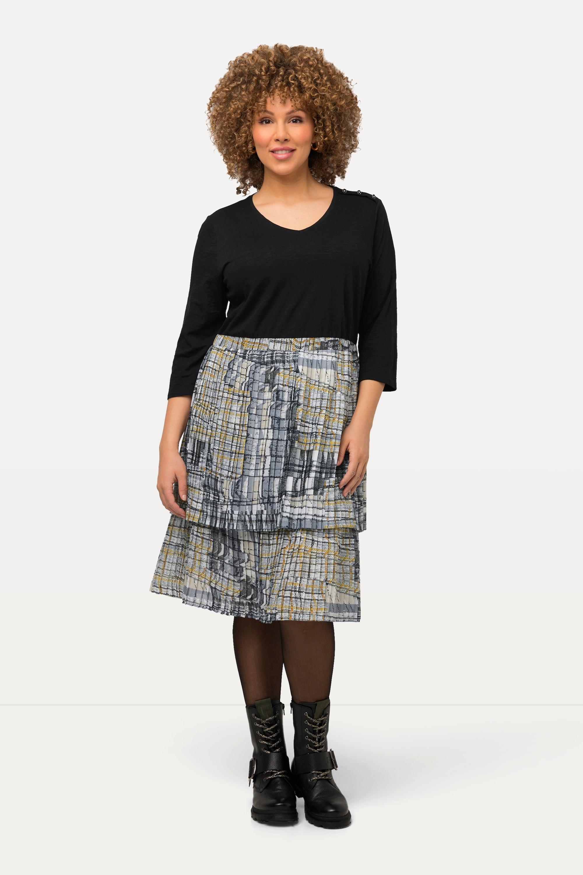 Ulla Popken Jerseykleid Plisseerock A-Linie V-Ausschnitt 3/4-Arm
