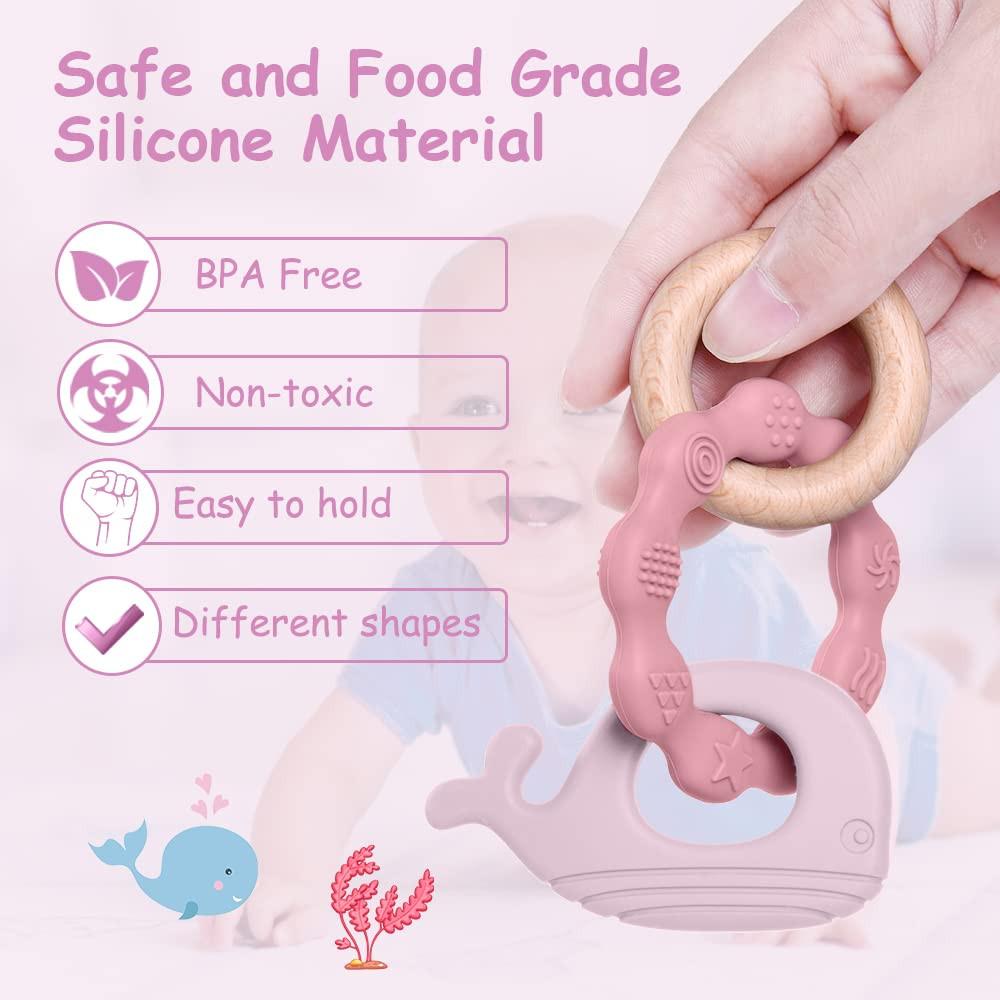 Activity-board Beißring für Babys, Beißring-Spielzeug aus Silikon und Holzringen, Baby-Beißhilfe BPA-frei, schmerzlinderndes Beißzubehör