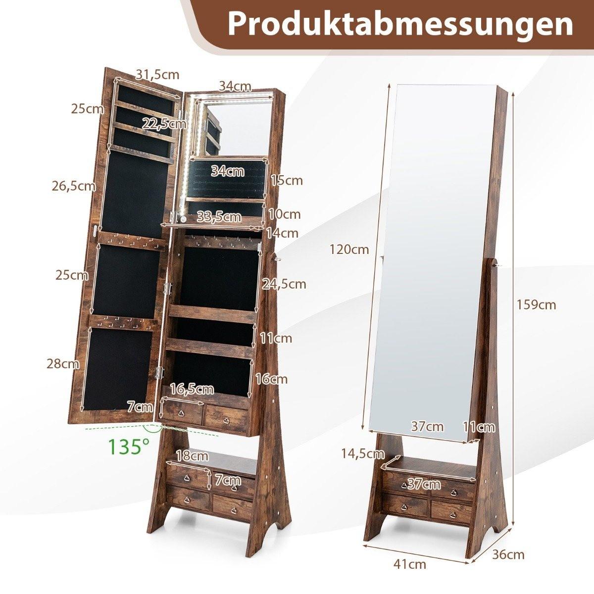 Northix Schmuckschrank mit Spiegel mit Beleuchtung Schmuck Spiegelschrank mit Schubladen Braun