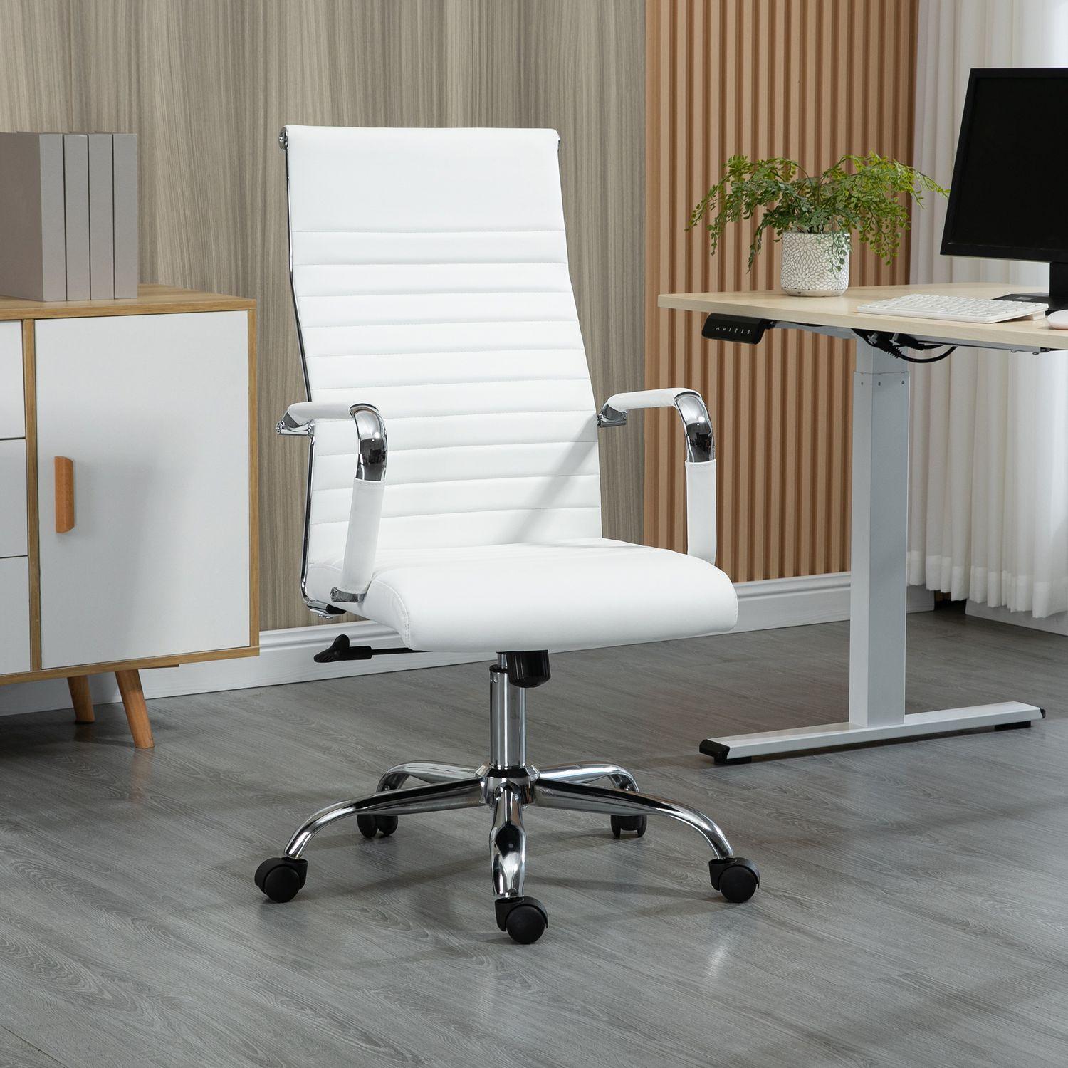 Northio Bürostuhl mit Wippfunktion, Stahlfüße, ergonomisch, 360°-Drehräder, Kunstleder, Belastbarkeit 120 kg, 54 x 62 x 104-114 cm, Weiß