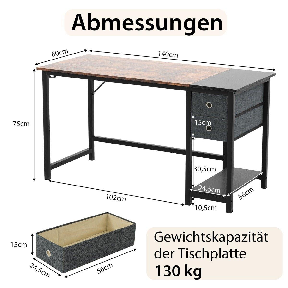 B2X Langer Schreibtisch mit 2 Schubladen & Kopfhörerhaken & Ablagefach Computertisch