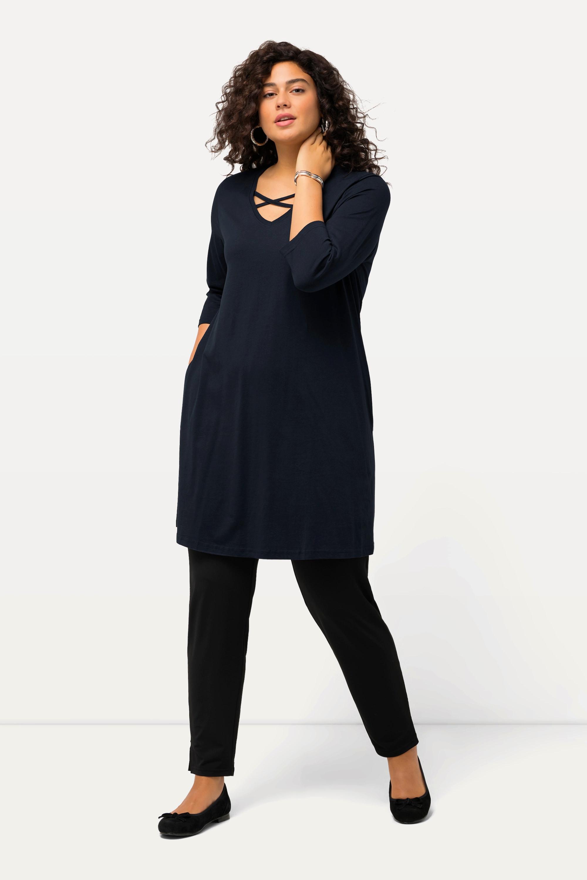 Ulla Popken Longshirt Zierbänder A-Linie V-Ausschnitt 3/4-Arm