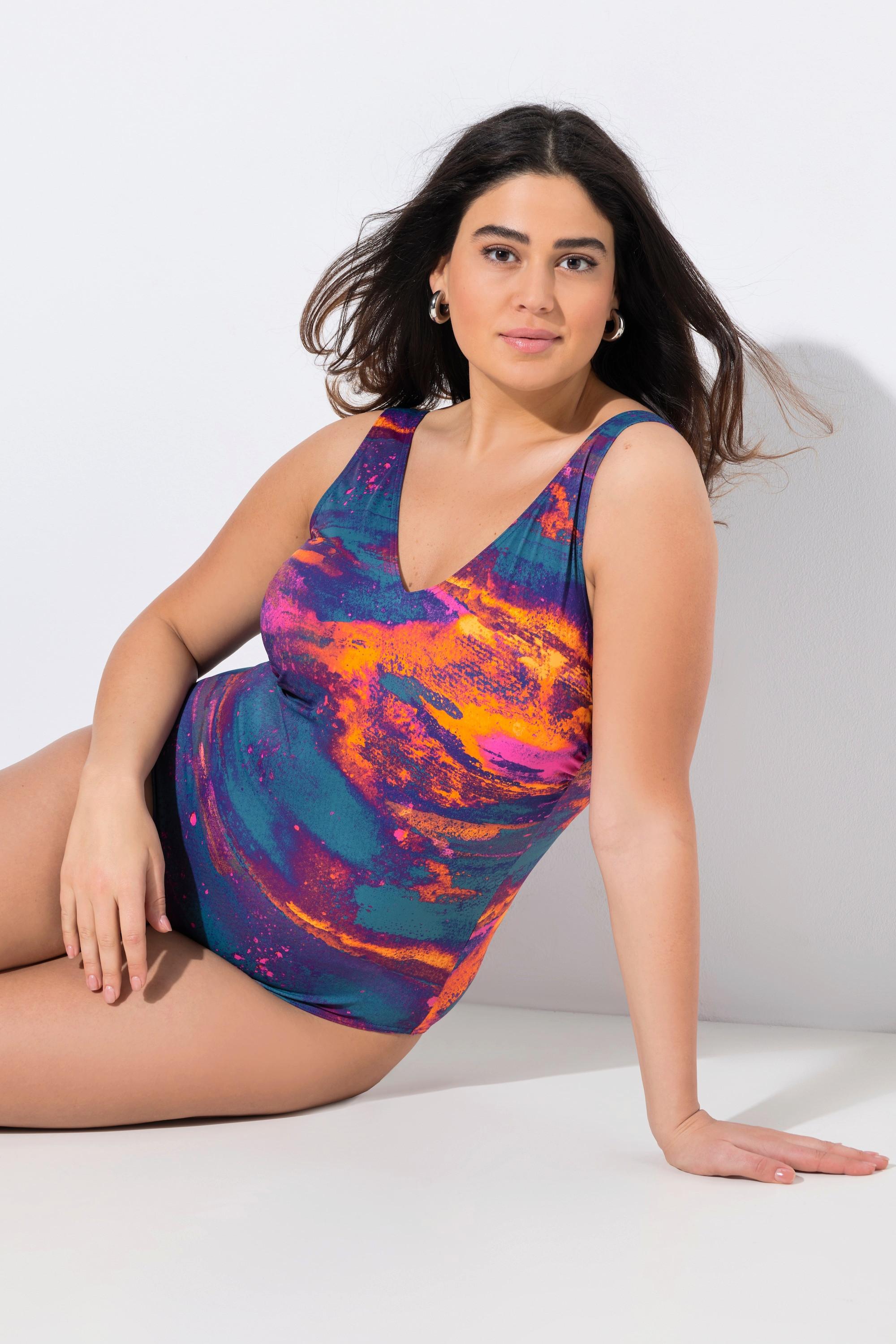 Ulla Popken Badeanzug, ohne Softcups, V-Ausschnitt, recycelt