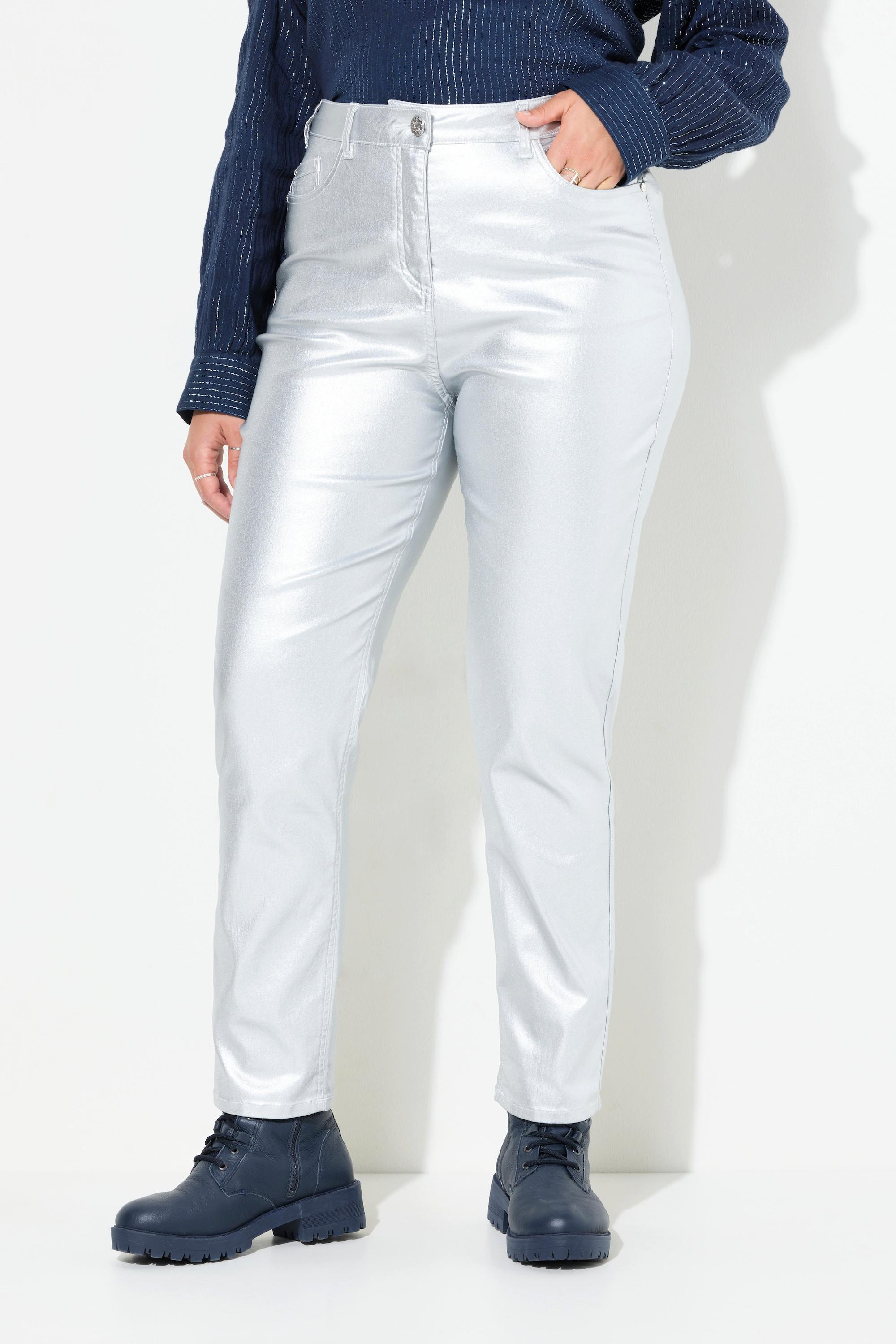 Ulla Popken Mom Jeans Silber-Coating Komfortbund 5-Pocket-Hose