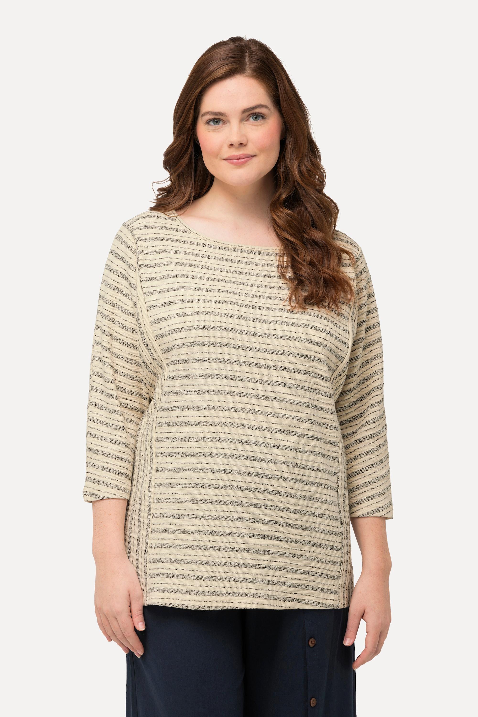 Ulla Popken Sweatshirt, Streifen, Rundhals, 3/4-Arm, Biobaumwolle