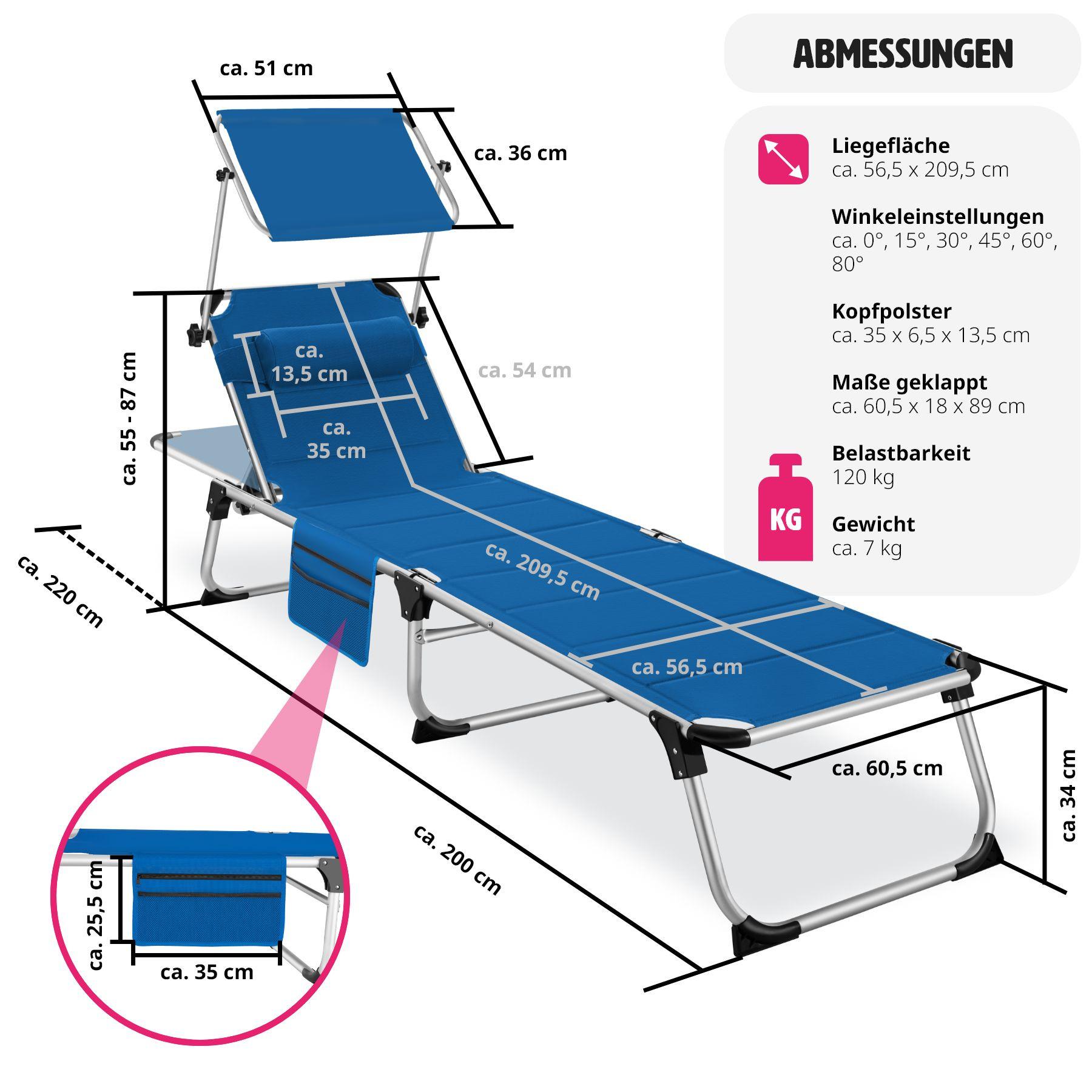 Tectake Sonnenliege mit Aluminiumgestell, stufenlos verstellbares Sonnendach