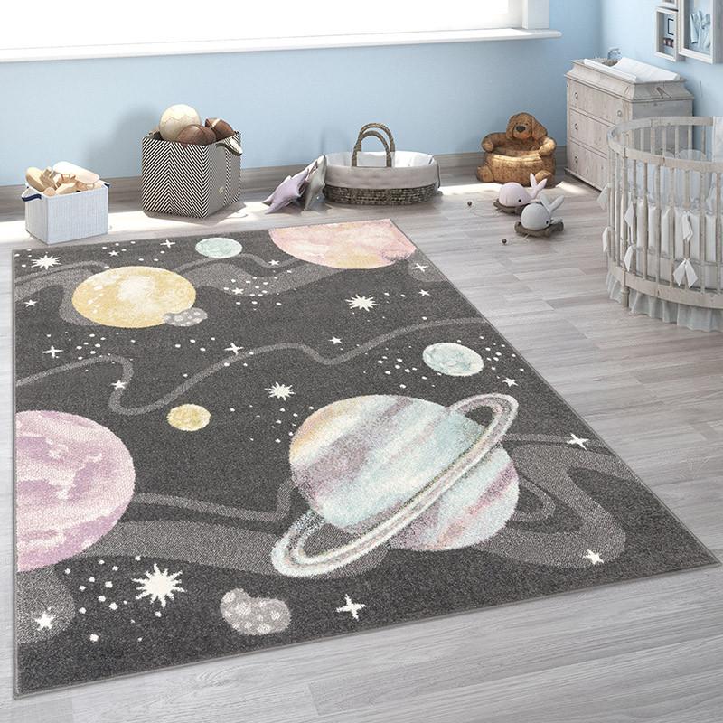 Paco Home Kinderteppich Weltall Universum Antrazith
