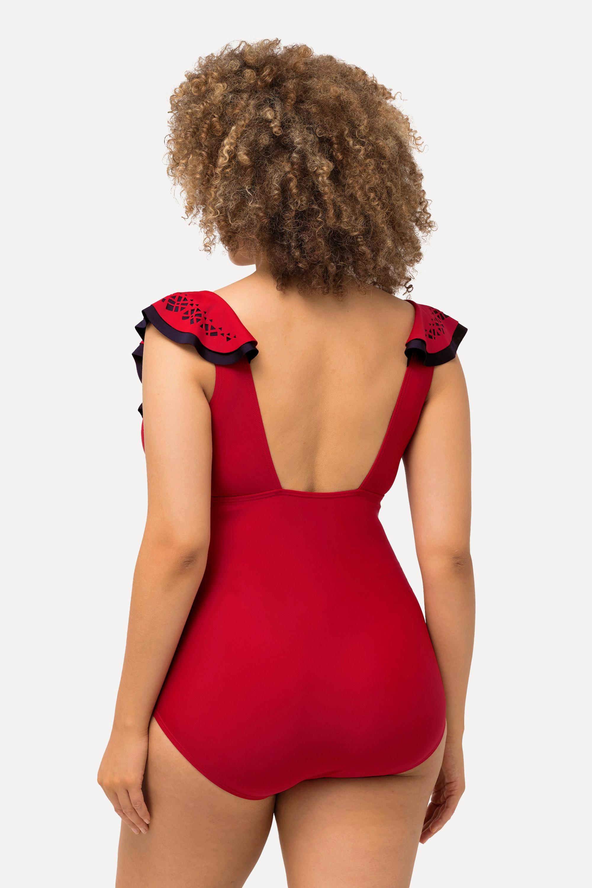 Ulla Popken Badeanzug, Volants, Lasercut, V-Ausschnitt, Softcups