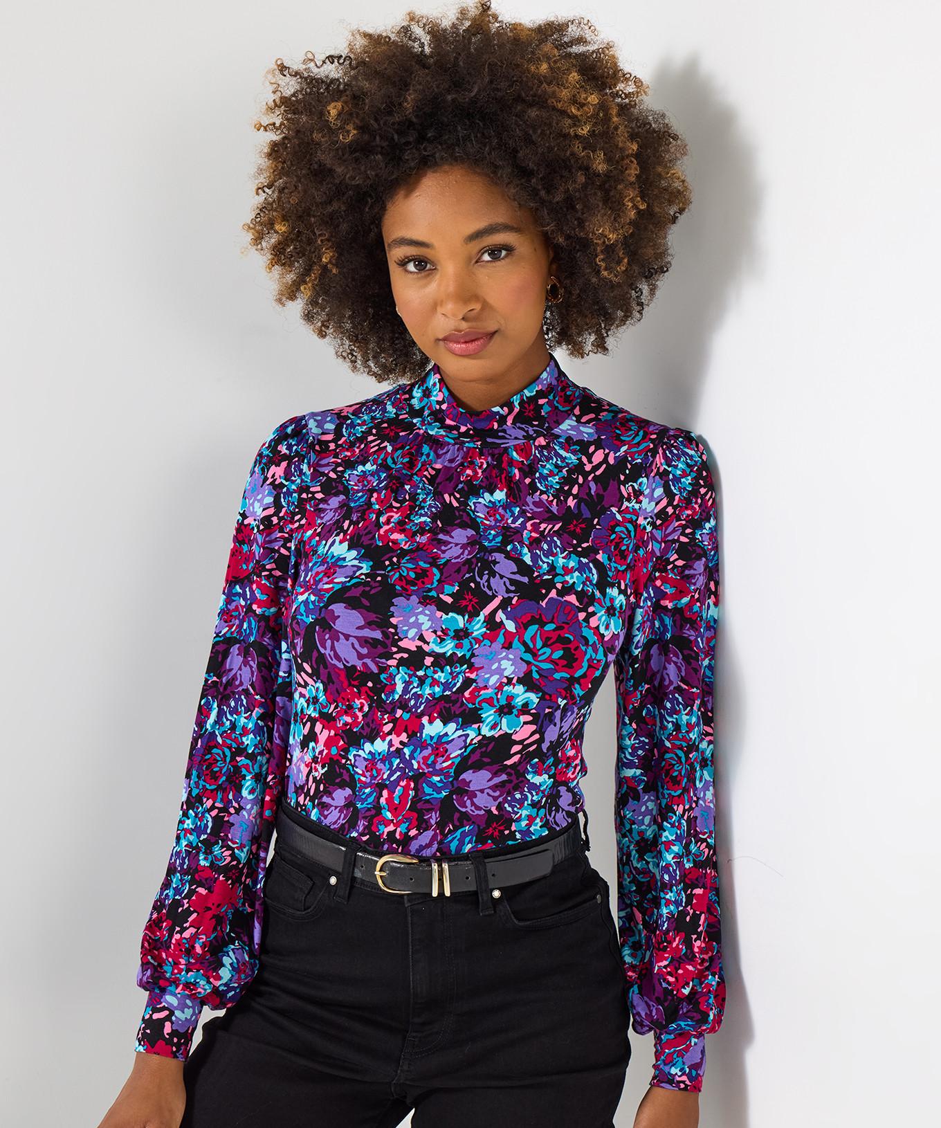 Joe Browns Lebhafter Blumenprint-Jersey-Top mit Stehkragen