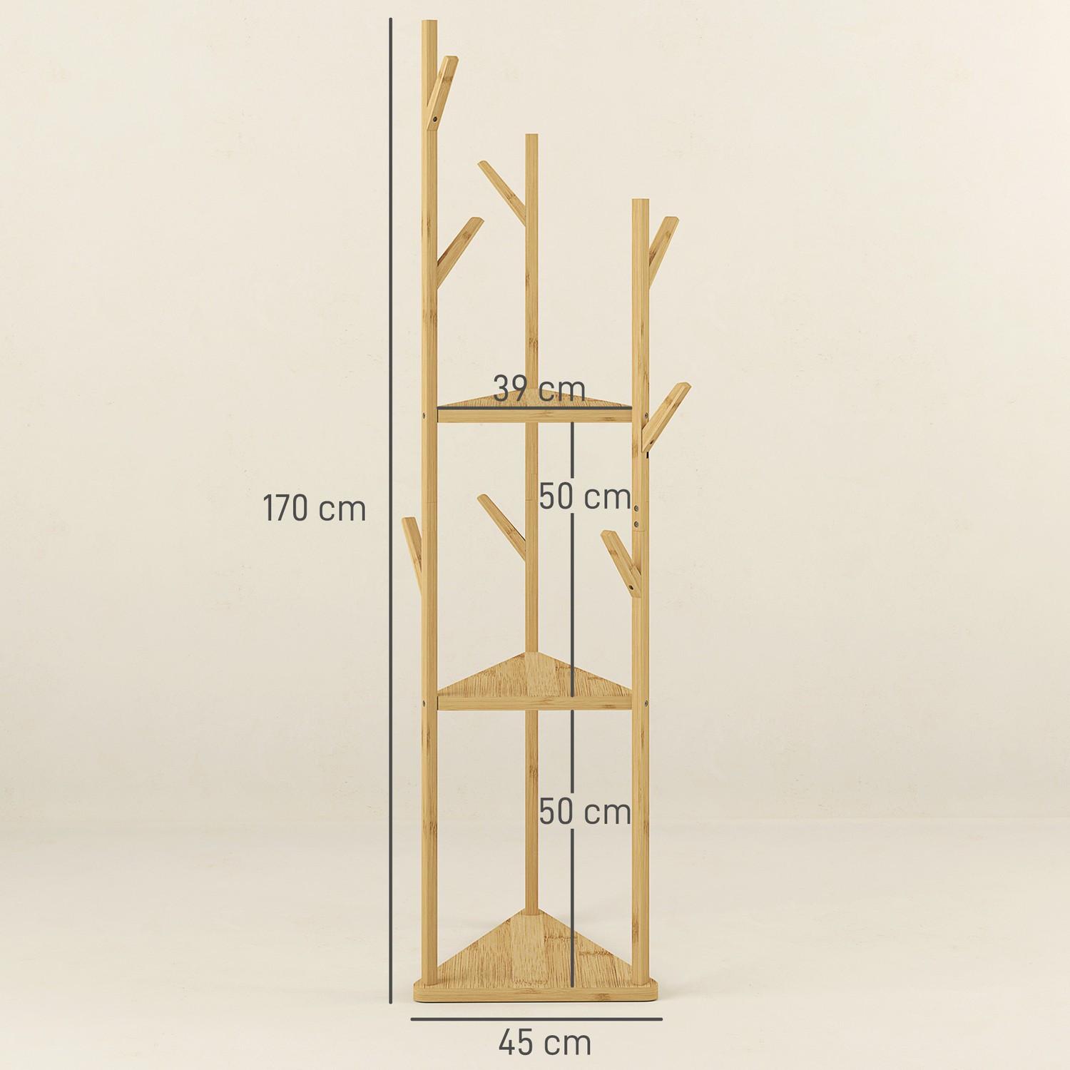 Northio Garderobenständer, Kleiderständer mit 8 Haken, 3 Ebenen, Jackerständer für Hüte, Kleidung, Eingang, Flur, 45 x 45 x 170 cm, Bambus, Natur |