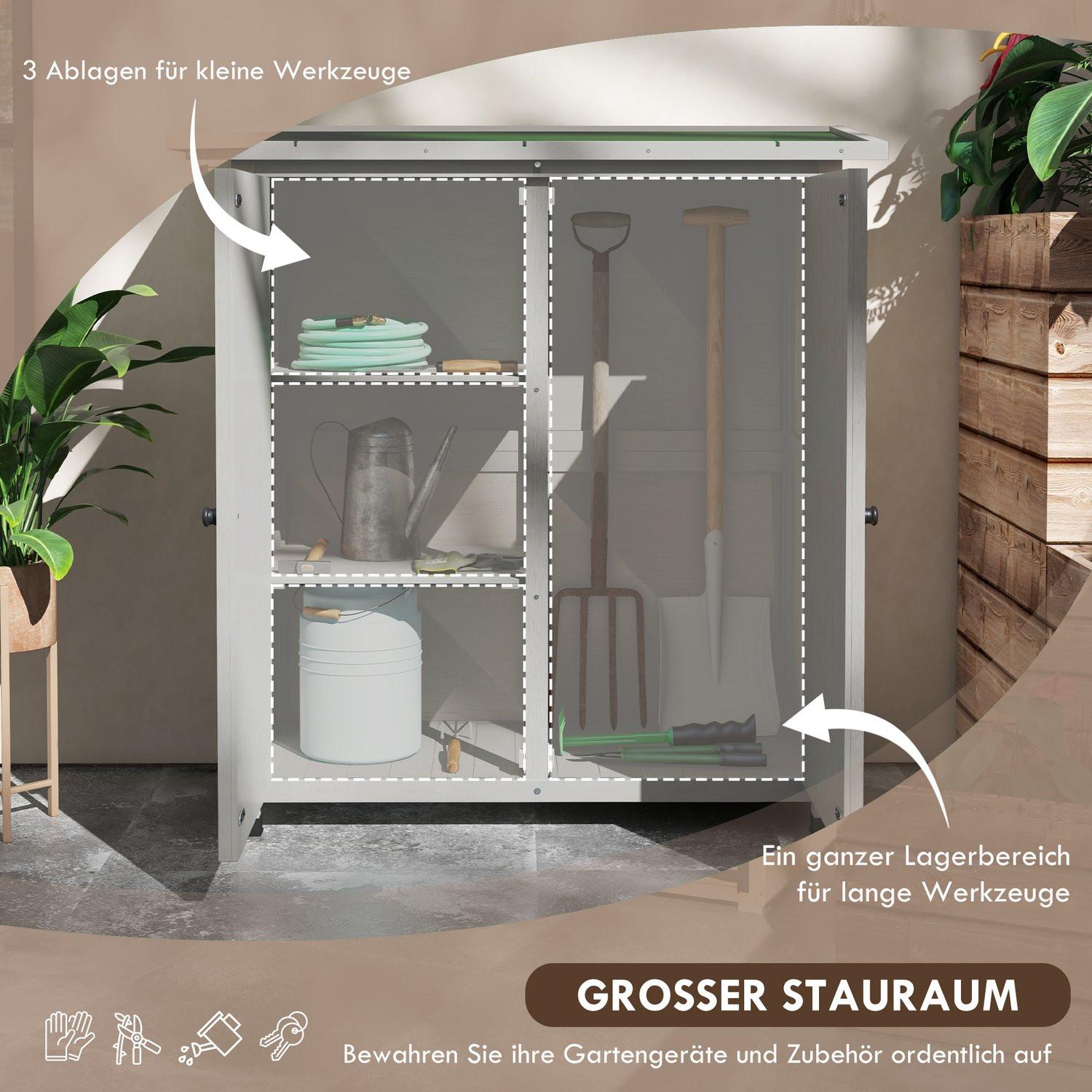 Northio Gartenschrank, Geräteschuppen aus Holz, Wetterfest Geräteschrank mit 2 Türen, Werkzeughaus mit Asphaltdach, Werkzeugschrank für Garten, Terrasse, 110 x 55 x 117 cm, Hellgrau