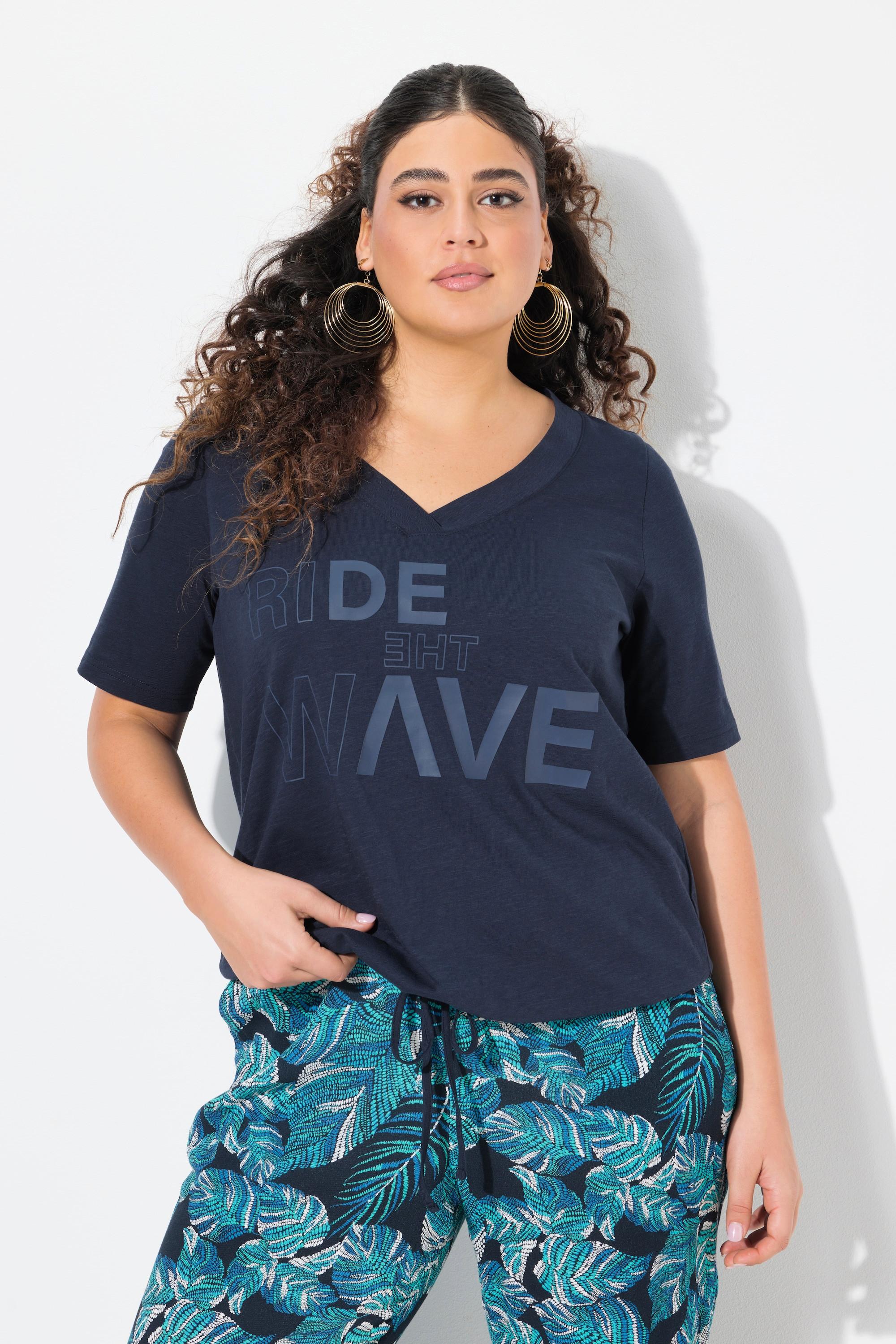 Ulla Popken T-Shirt Schriftdruck Saumband V-Ausschnitt Halbarm
