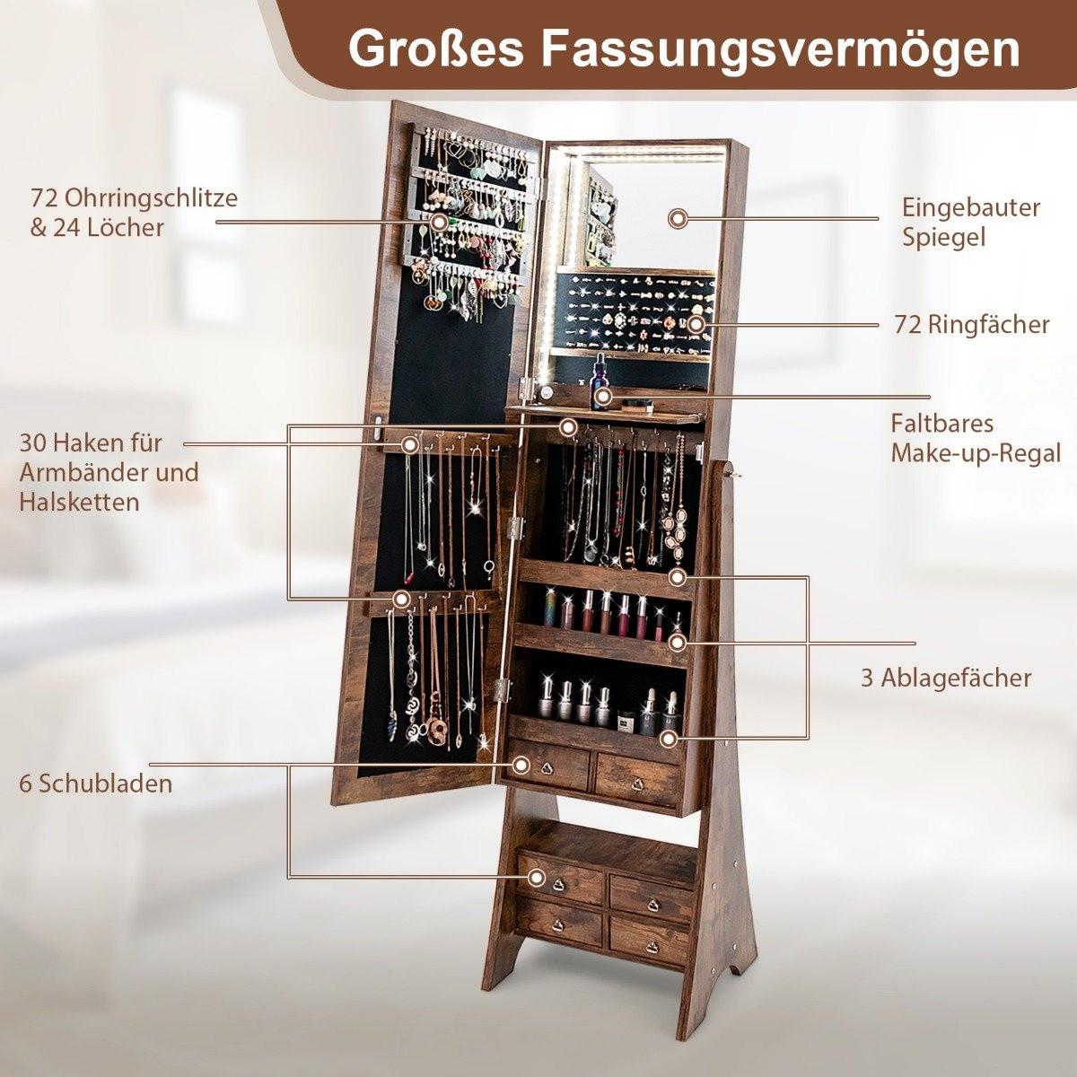 Northix Schmuckschrank mit Spiegel mit Beleuchtung Schmuck Spiegelschrank mit Schubladen Braun