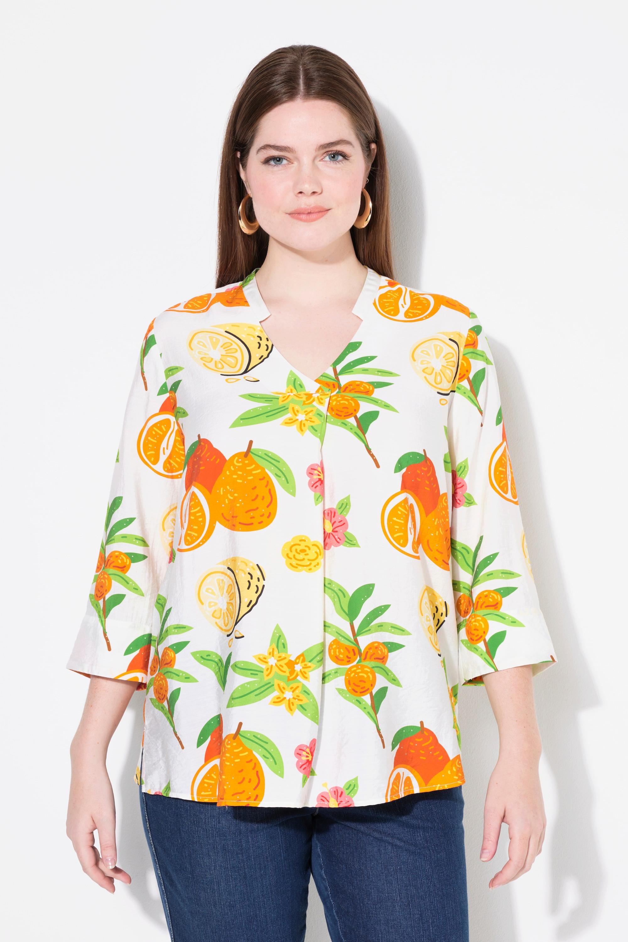 Ulla Popken Tunika, Früchte, Stehkragen, V-Ausschnitt, 3/4-Arm