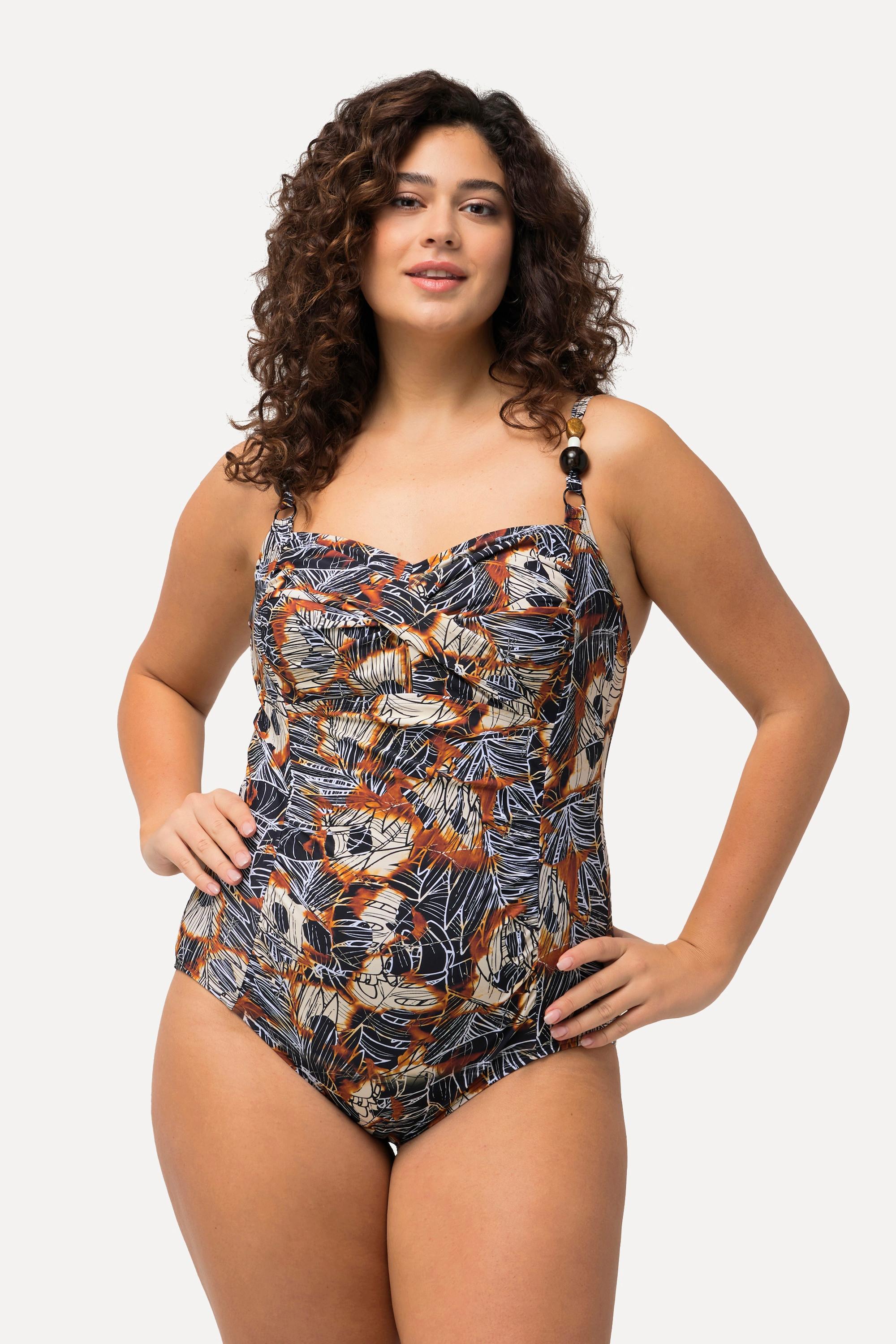 Ulla Popken Badeanzug, drapiert, Softcups, Perlen, recycelt