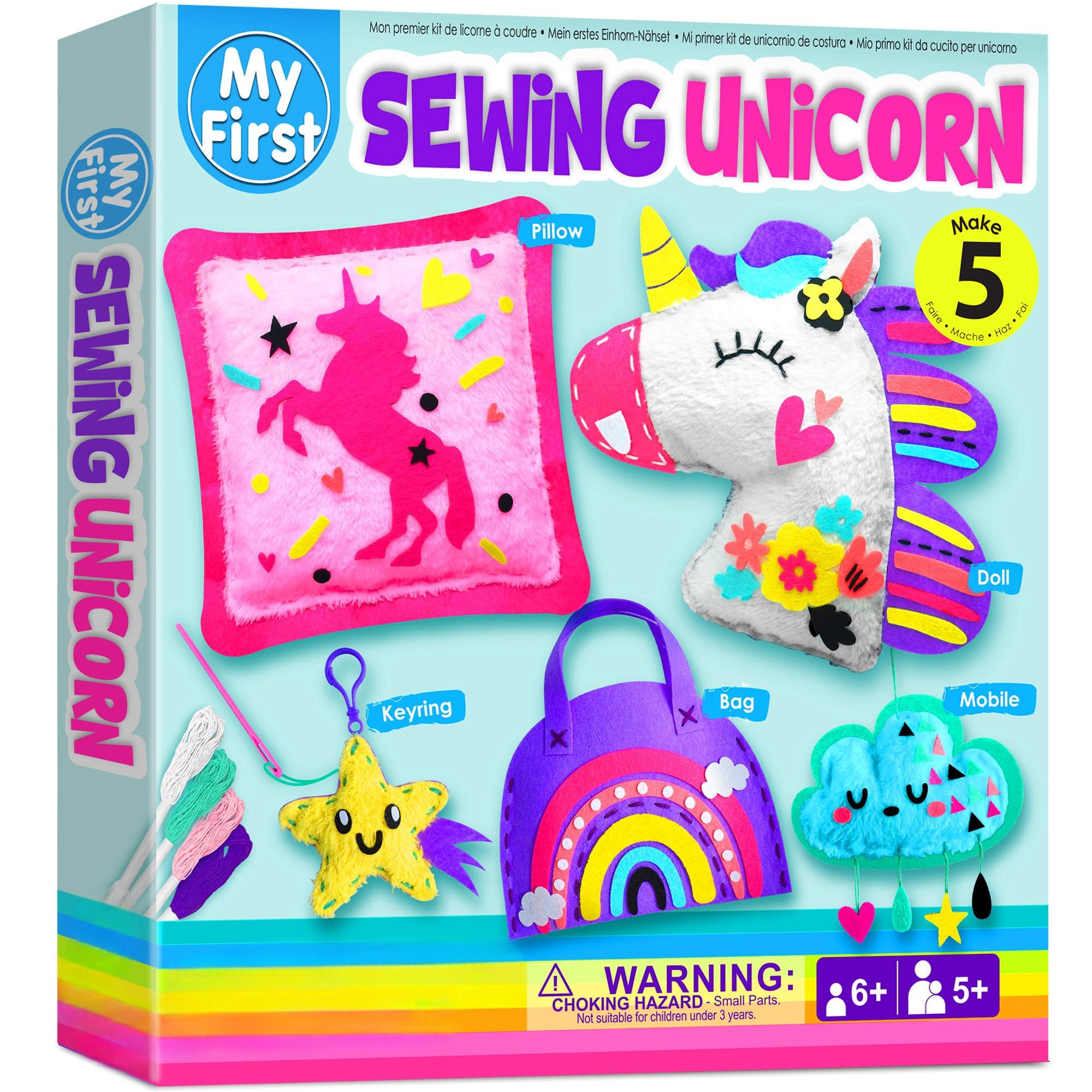 Activity-board My First Sewing Unicorn Nähset für Kinder, 5 niedliche Projekte mit Stofftier, Kissen, Mobile, Schlüsselanhänger und Tasche, Anleitung und Filz