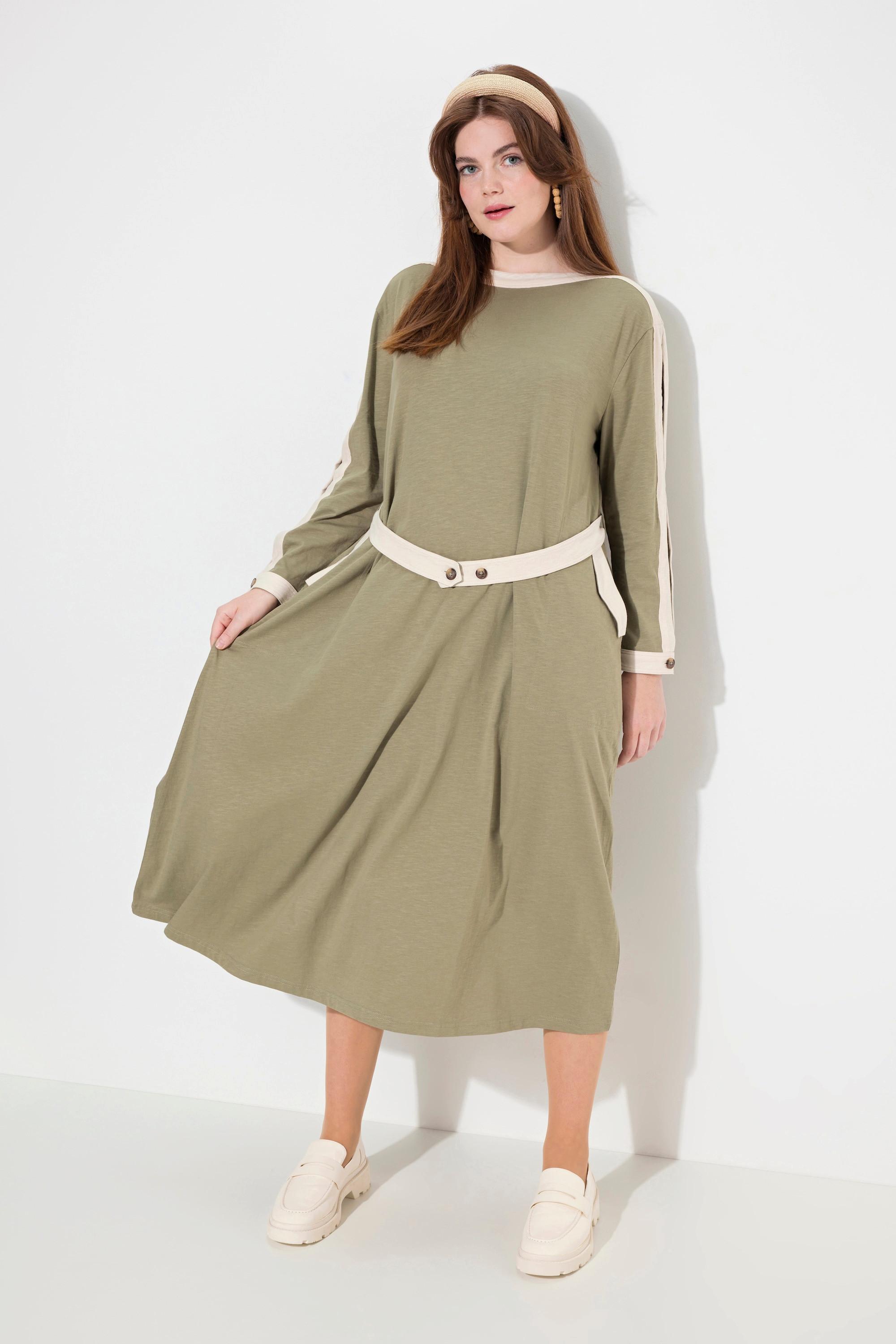 Ulla Popken Jersey-Midikleid U-Boot-Ausschnitt Langarm Biobaumwolle