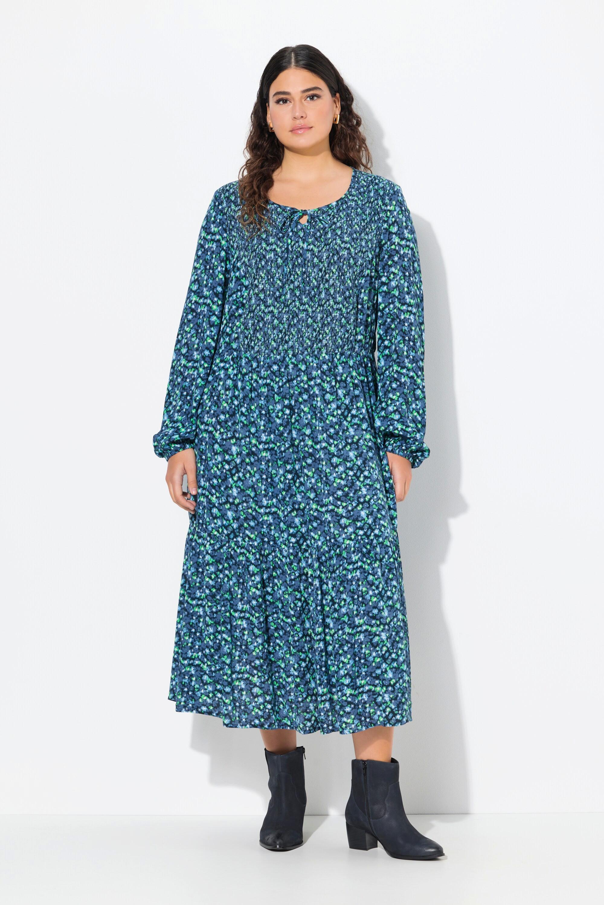 Ulla Popken Blüten A-Linie Rundhals Langarm Midikleid