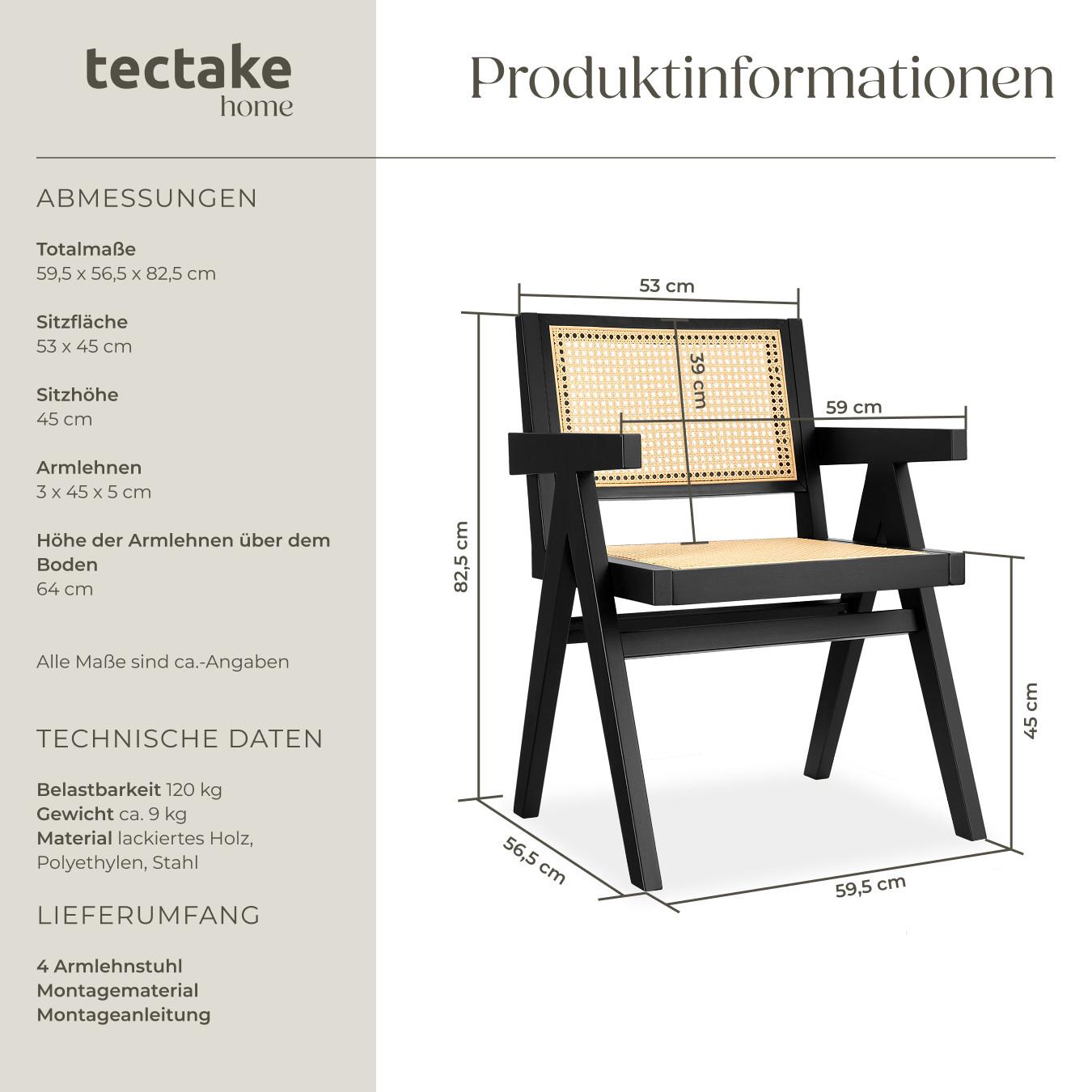 Tectake Armlehnstuhl Retro-Design im 50er Jahre-Stil grosse Rückenlehne und Sitzfläche mit Wiener Geflecht