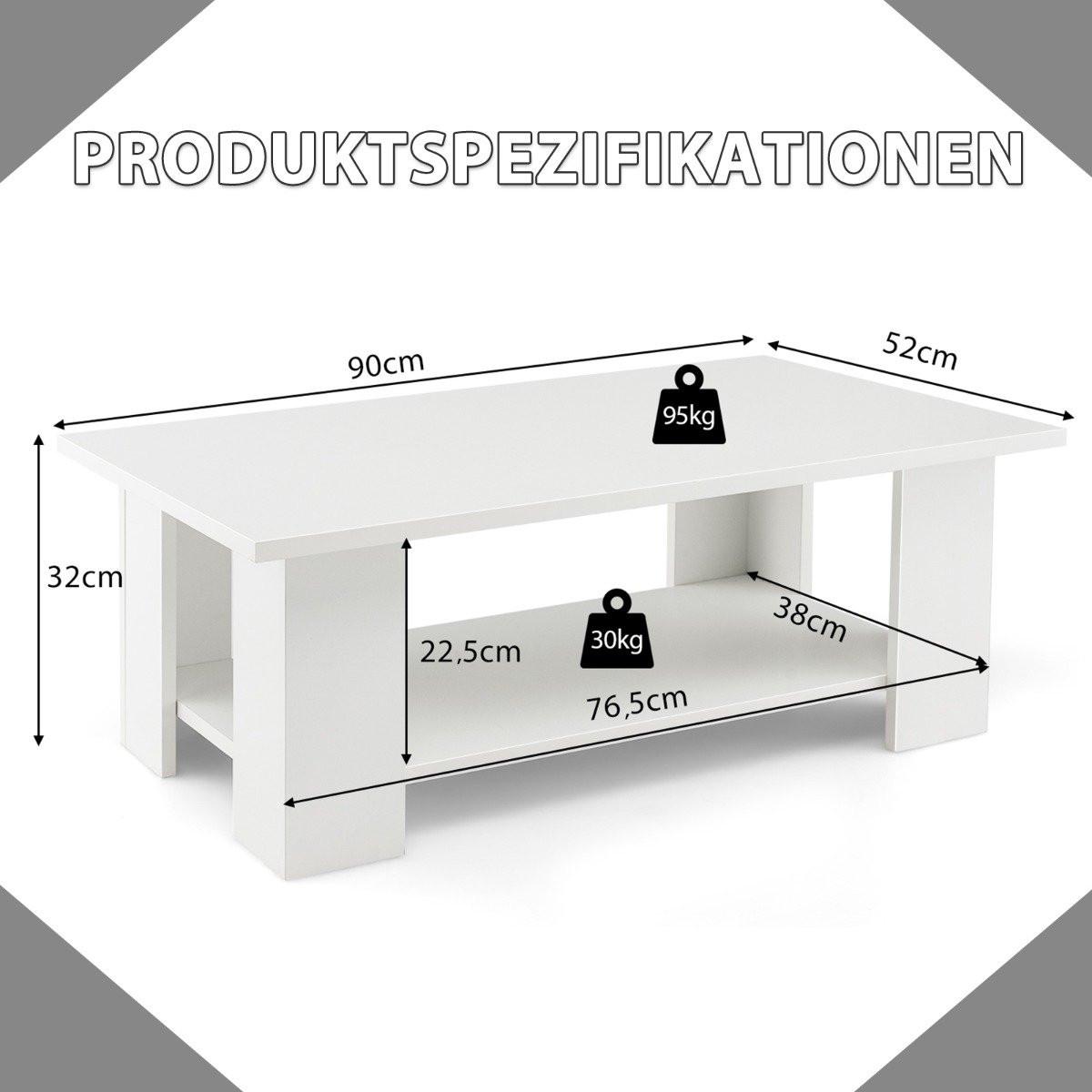 Northix 2 Ebenen Couchtisch aus Holz Beistelltisch bis zu 125kg Belastbar 90 x 52 x 32 cm Weiß