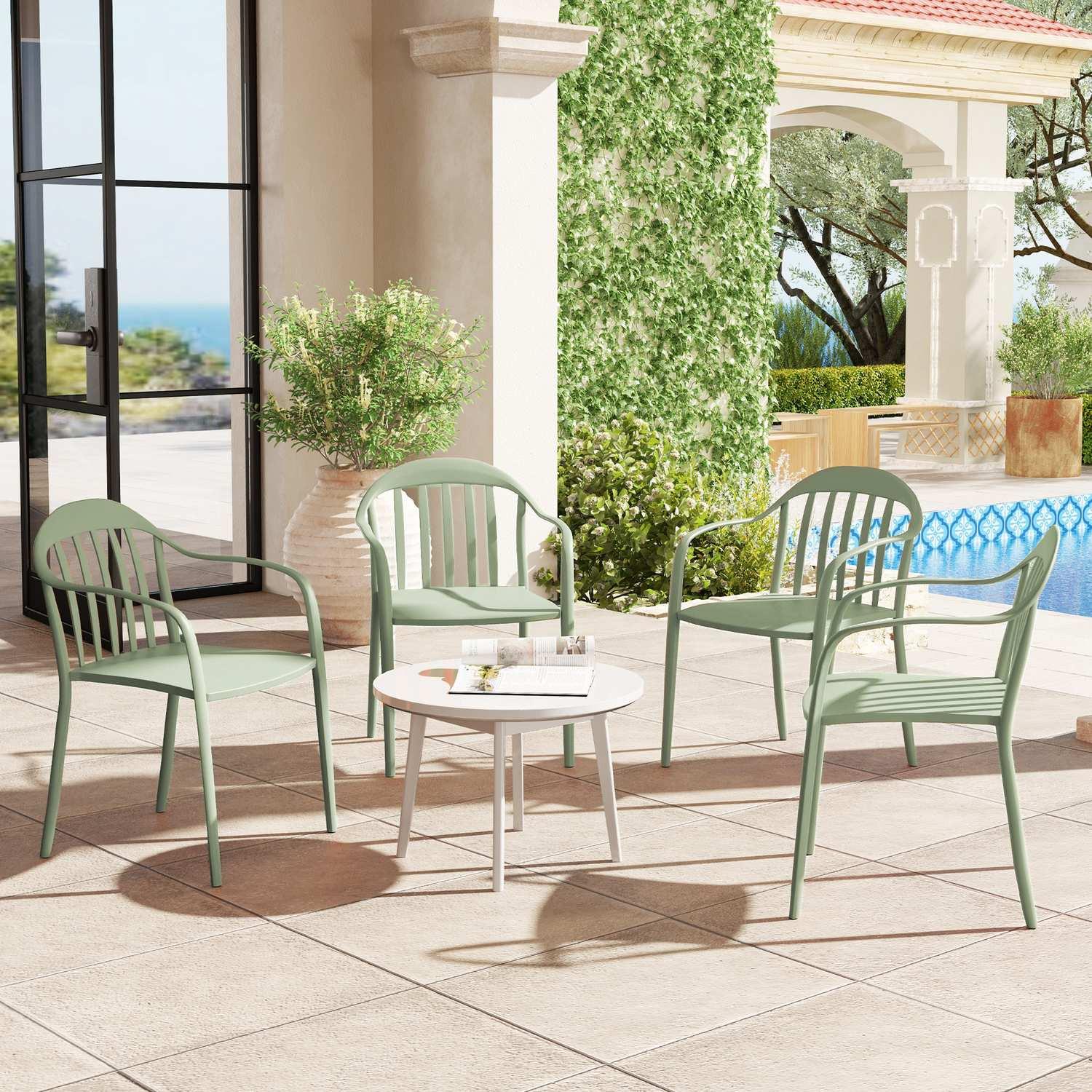 Northio Gartenstuhl 4er Set wetterfest Gartenstühle aus Kunststoff Stapelstuhl mit Armlehne Rückenlehne stapelbar Terrassenstuhl bis 120 kg belastbar Gartenmöbel für Hinterhof, Garten, Balkon Grün Aosom