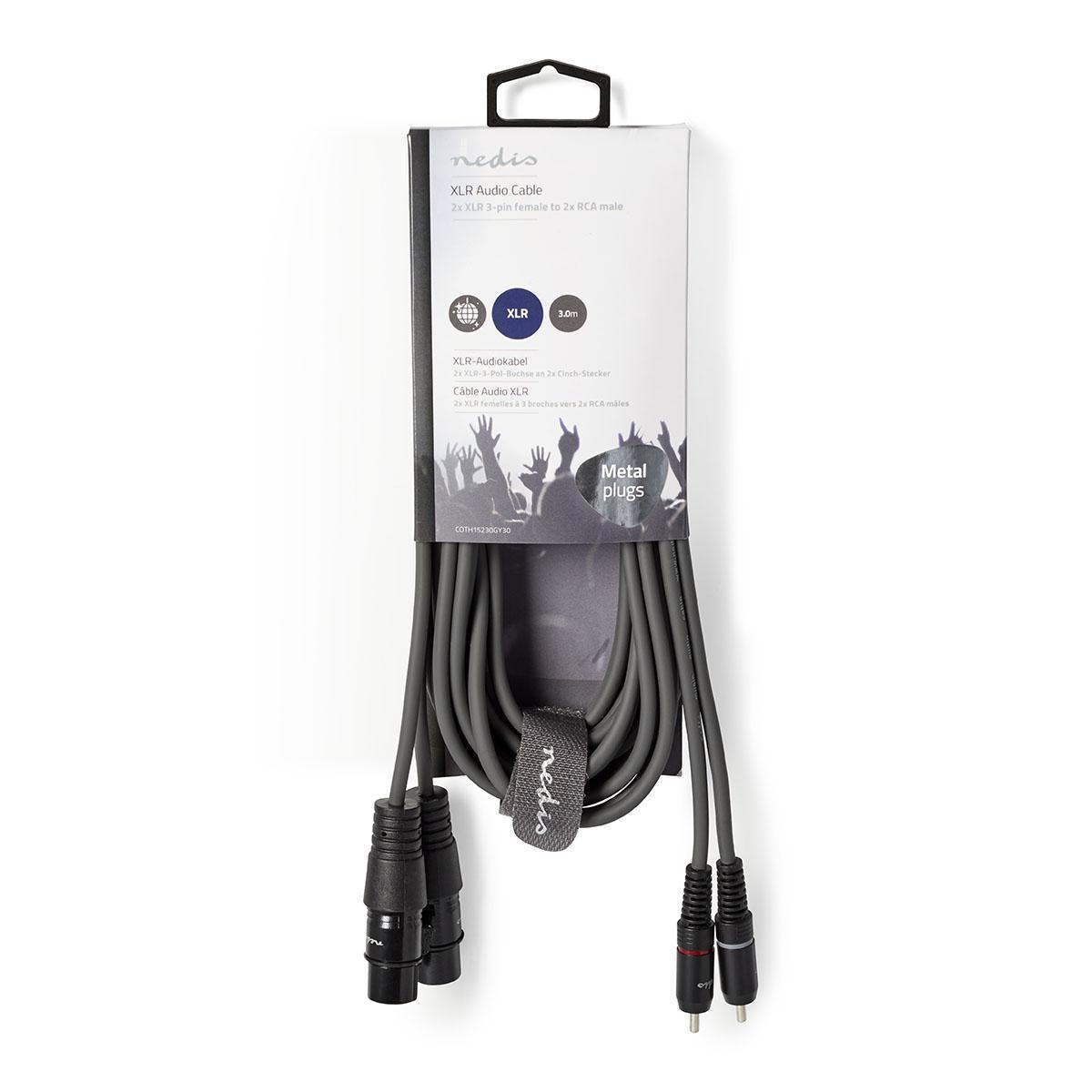 Nedis Symmetrisches Audiokabel | 2x XLR 3-Pin Female | 2x RCA Male | Vernickelt | 3,00 m | Rund | PVC | Dunkelgrau | Papphülle