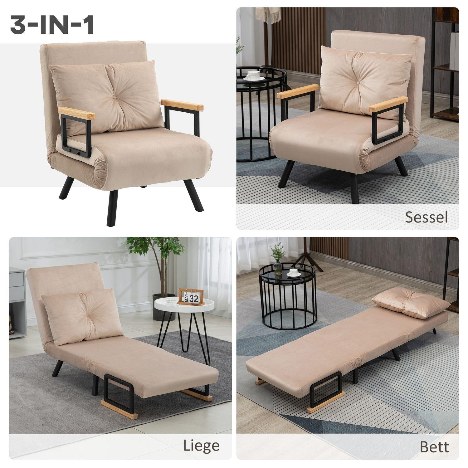 Northio Schlafsofa, Relaxsessel Mit Bettfunktion, Gästebett Mit Samtoptik, Rückenkissen, Polstersofa Mit Verstellbarer Rückenlehne, Beige, 63 X 73 X 81 Cm