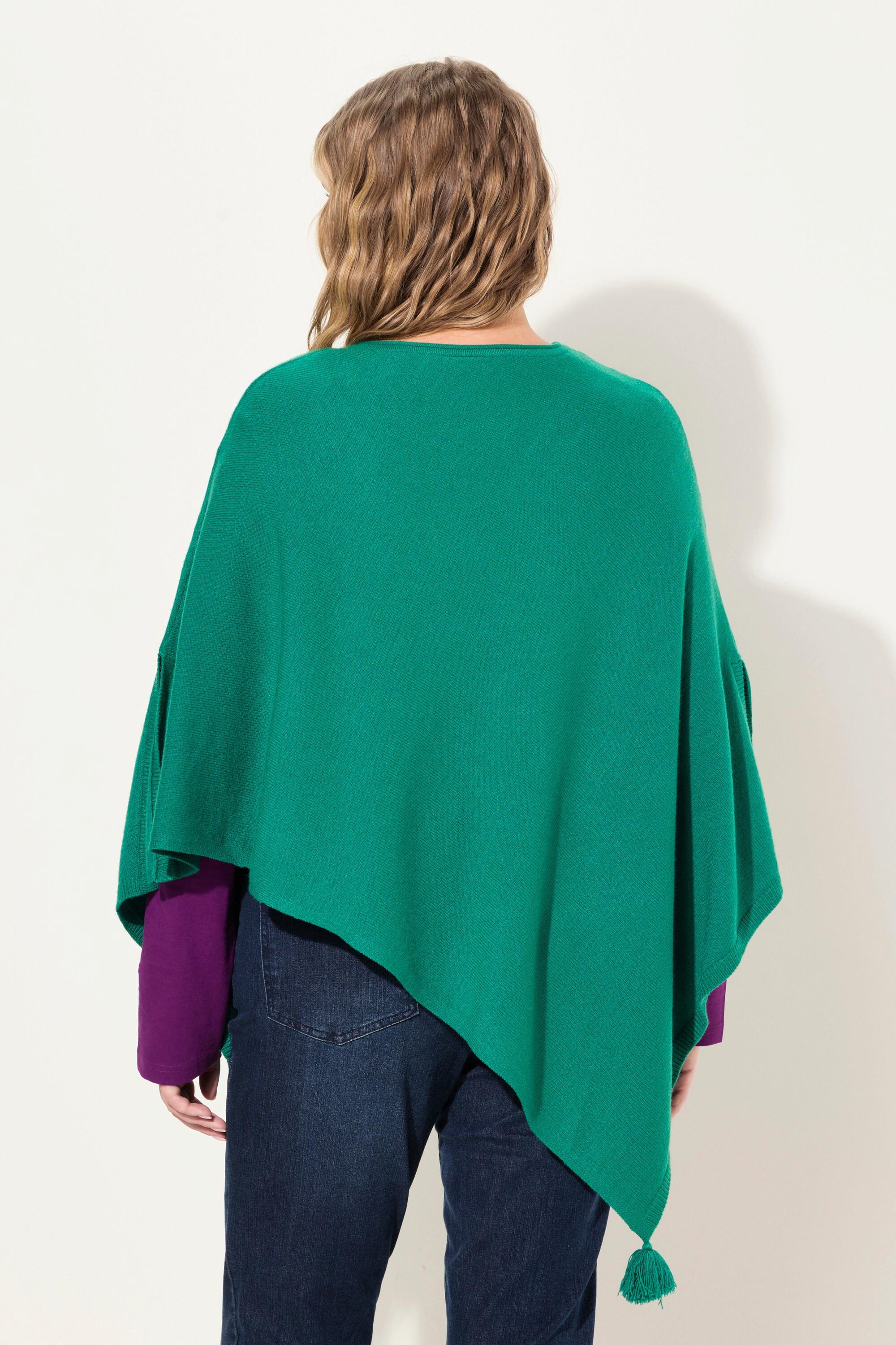 Ulla Popken Strick-Poncho, Zipfelsaum, Quaste, V-Ausschnitt, ärmellos