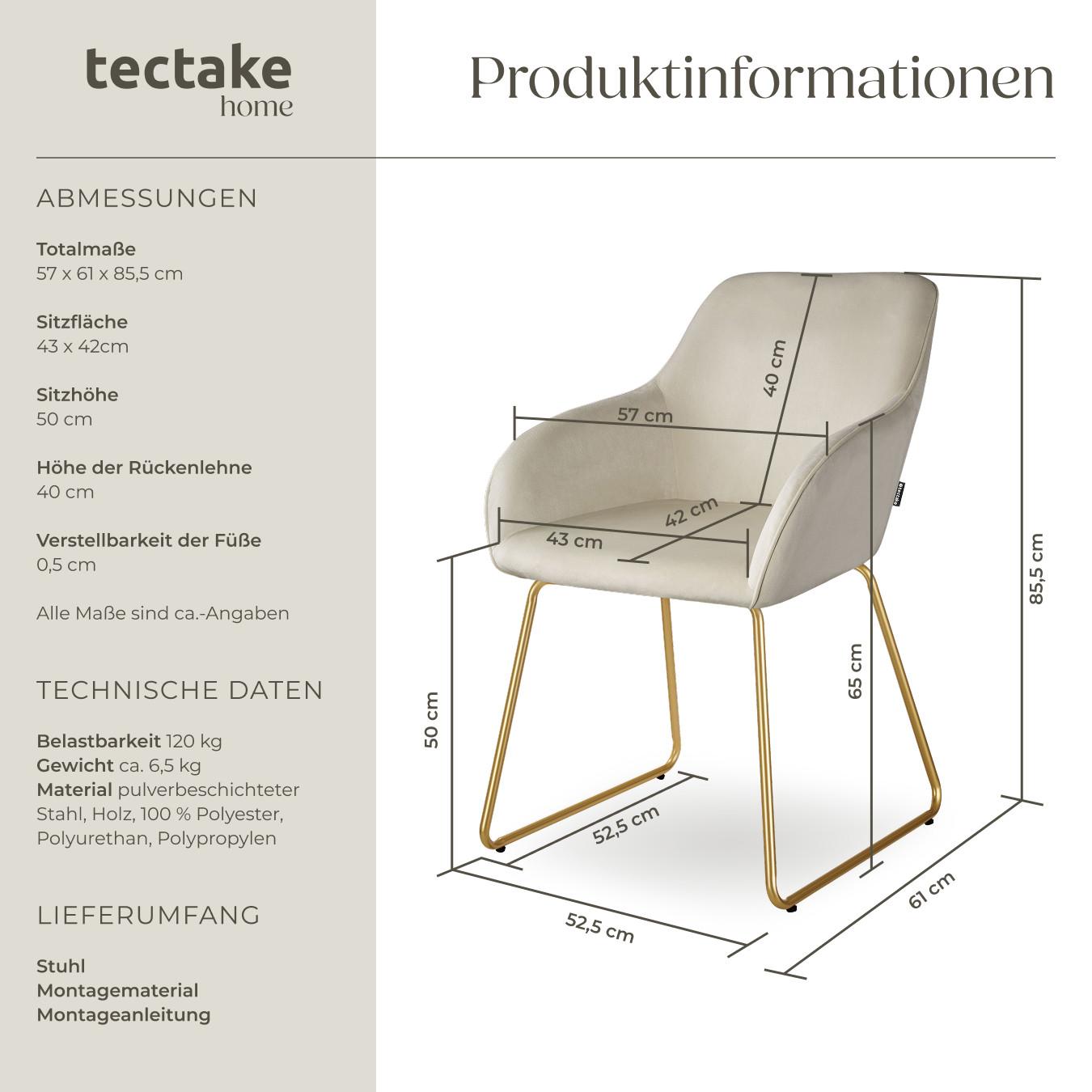 Tectake Esszimmerstuhl gepolstert, in Samtoptik höhenverstellbare Füsse