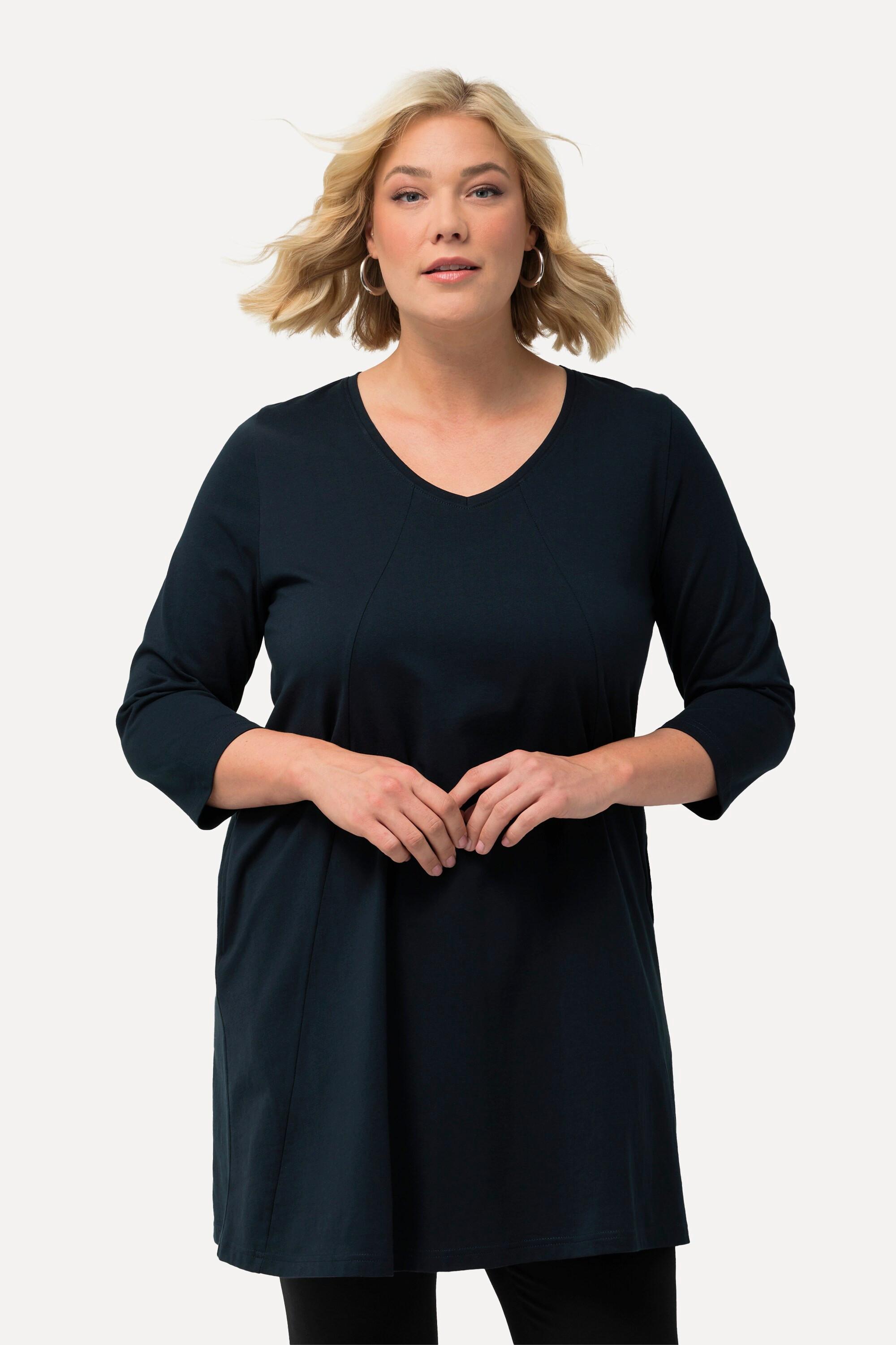 Ulla Popken Longshirt Ziernähte A-Linie V-Ausschnitt 3/4-Arm