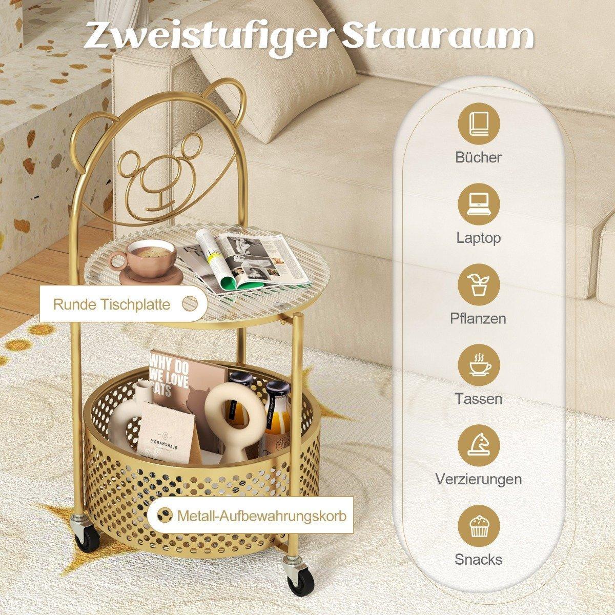 Northio Beistelltisch Glas mit Rollen 2-stufiger Glastisch rund mit Bärenmuster Gold
